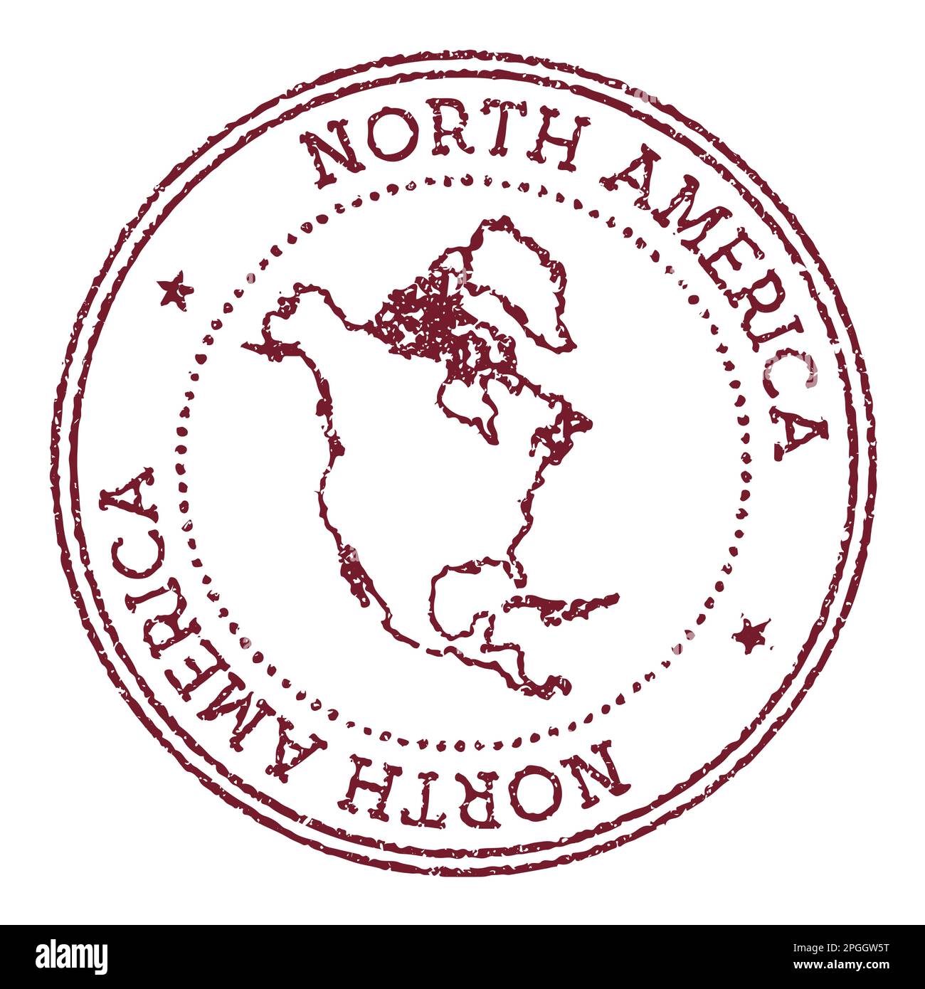 Timbro rotondo in Nord America con mappa del continente. Timbro per passaporto rosso vintage con testo circolare e stelle, illustrazione vettoriale. Illustrazione Vettoriale