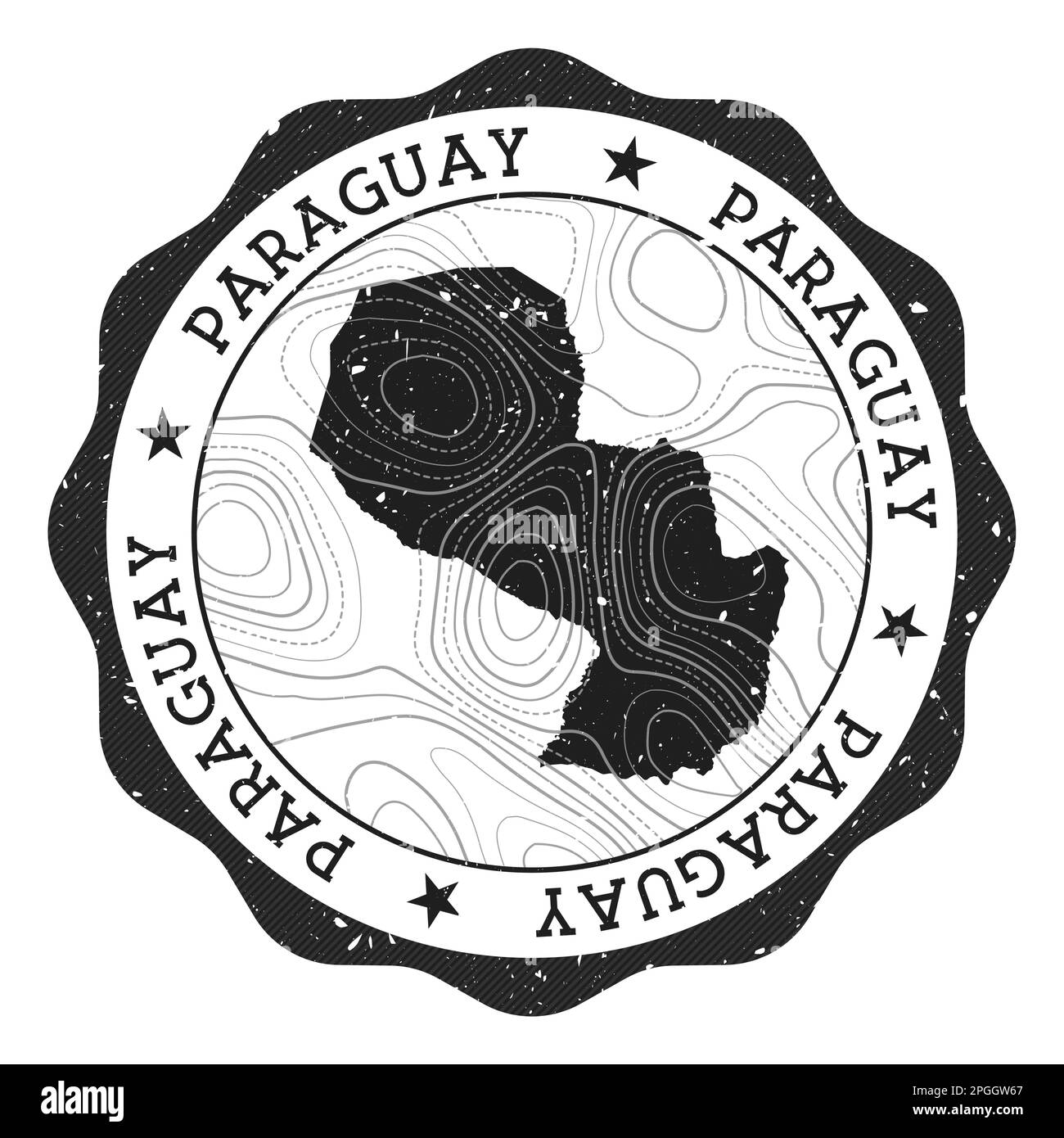 Francobollo all'aperto del Paraguay. Adesivo rotondo con mappa del paese con isoline topografiche. Illustrazione vettoriale. Illustrazione Vettoriale