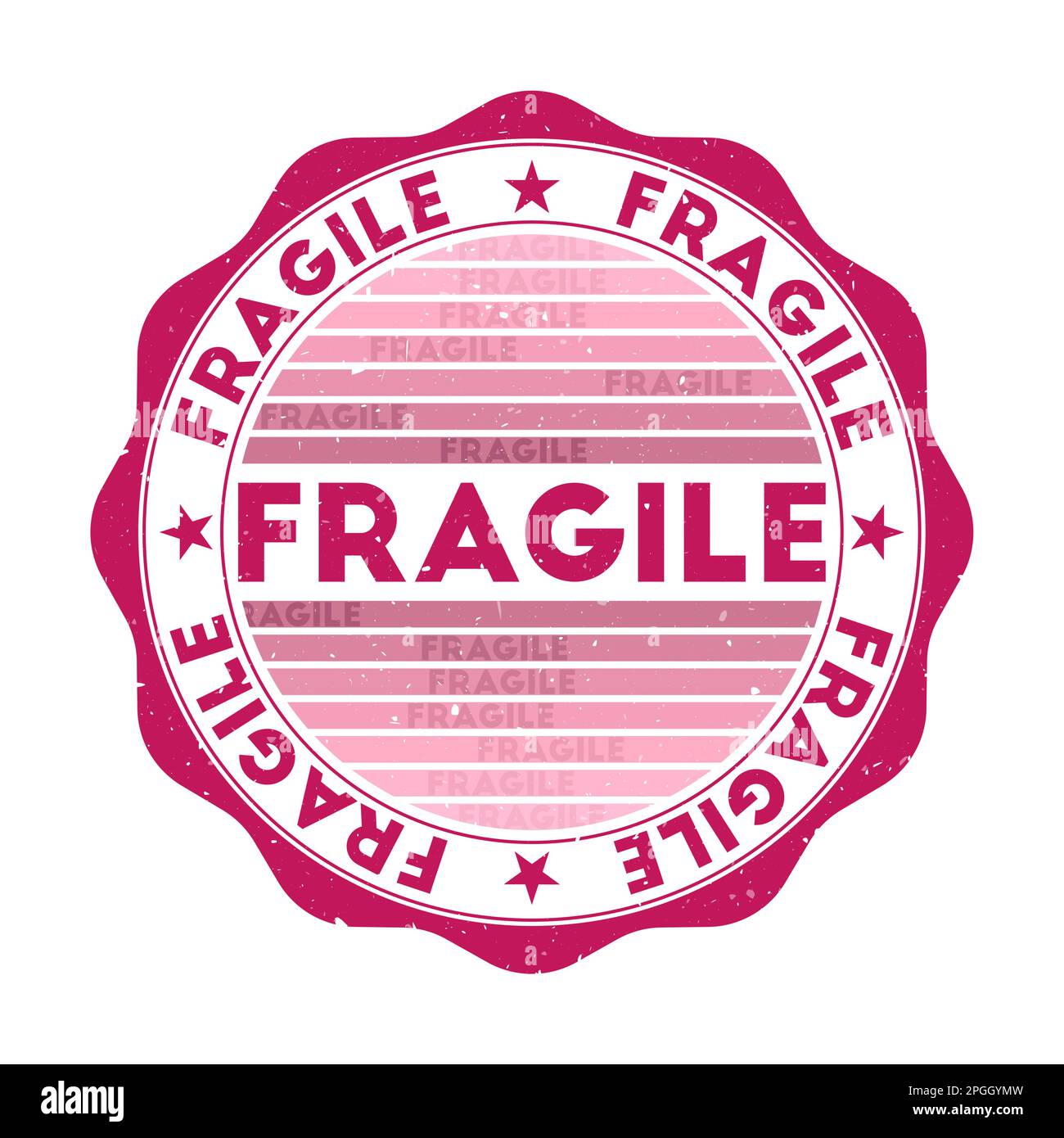Distintivo fragile. Francobollo tondo grunge con texture a tema di colore Secret Affair. Sigillo fragile geometrico in stile vintage con strisce sfumate. Illustrazione Vettoriale