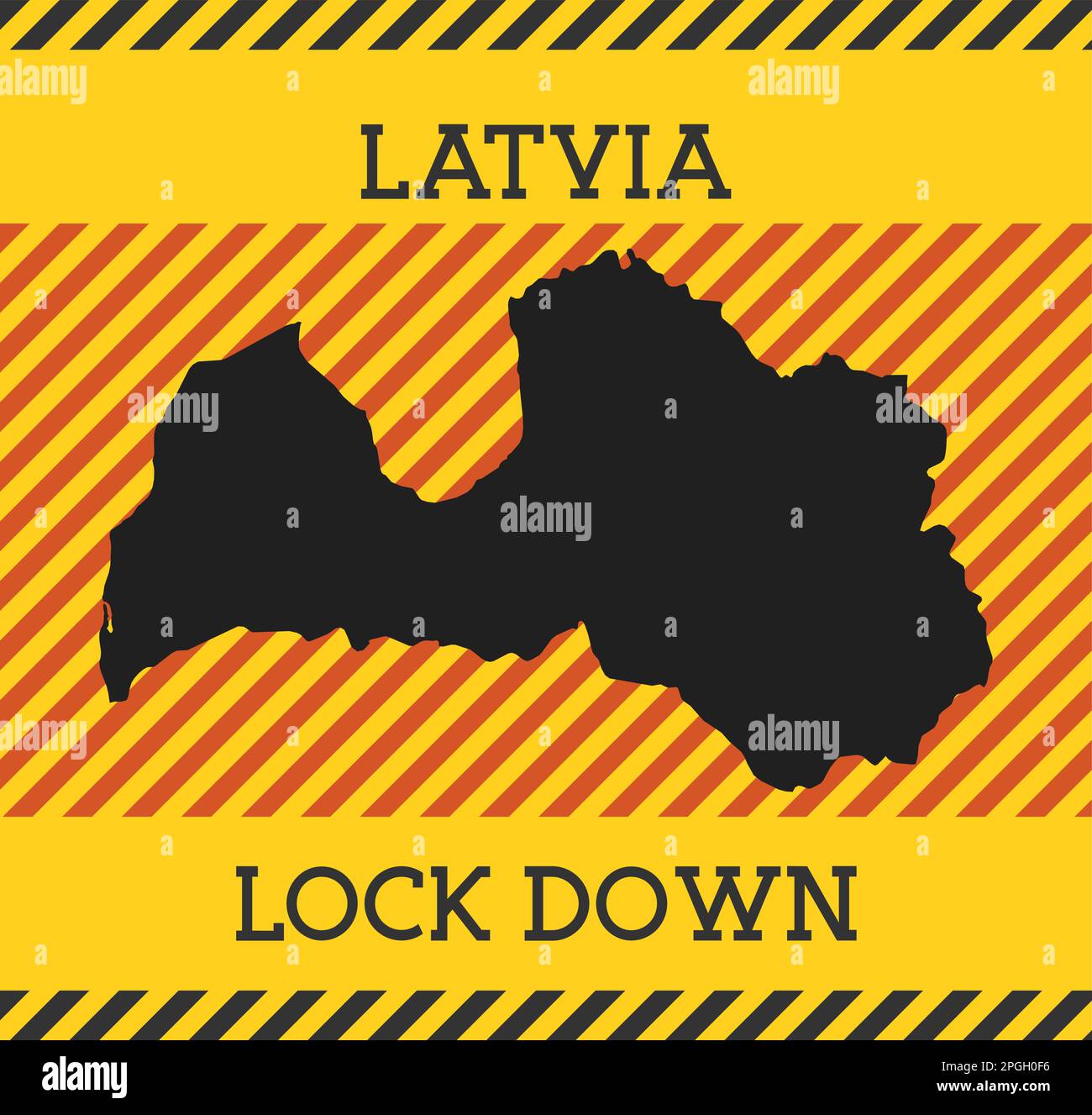 Cartello di blocco Lettonia. Icona gialla di pericolo pandemia paese. Illustrazione vettoriale. Illustrazione Vettoriale