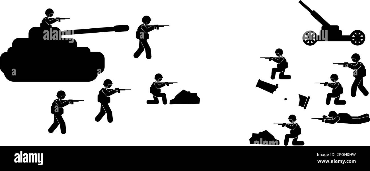 Illustrazione vettoriale militare, soldati dell'esercito, sagome militari, illustrazione di guerra Illustrazione Vettoriale