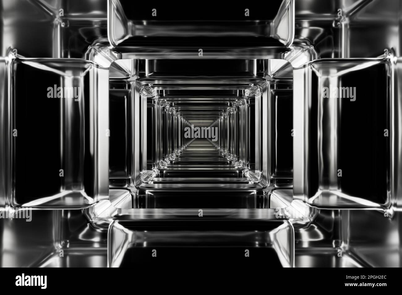 Illustrazione in vetro testurizzato 3D di tunnel astratto in un modello a griglia. Foto Stock