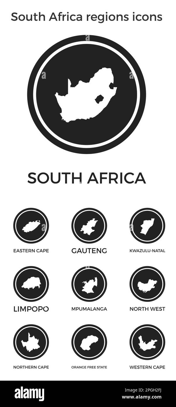 Icone delle regioni del Sudafrica. Loghi rotondi neri con mappe e titoli delle aree geografiche. Illustrazione vettoriale. Illustrazione Vettoriale