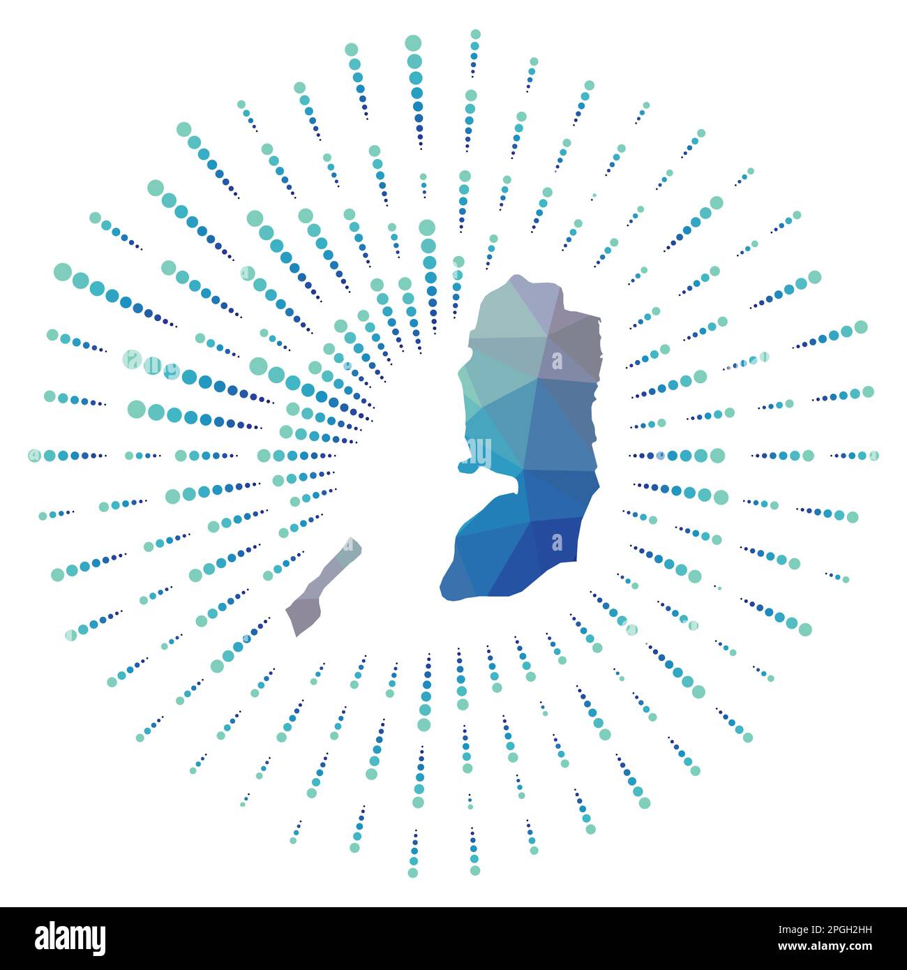 Forma della Palestina, scoppio di sole poligonale. Mappa del paese con raggi stellari colorati. Illustrazione Vettoriale