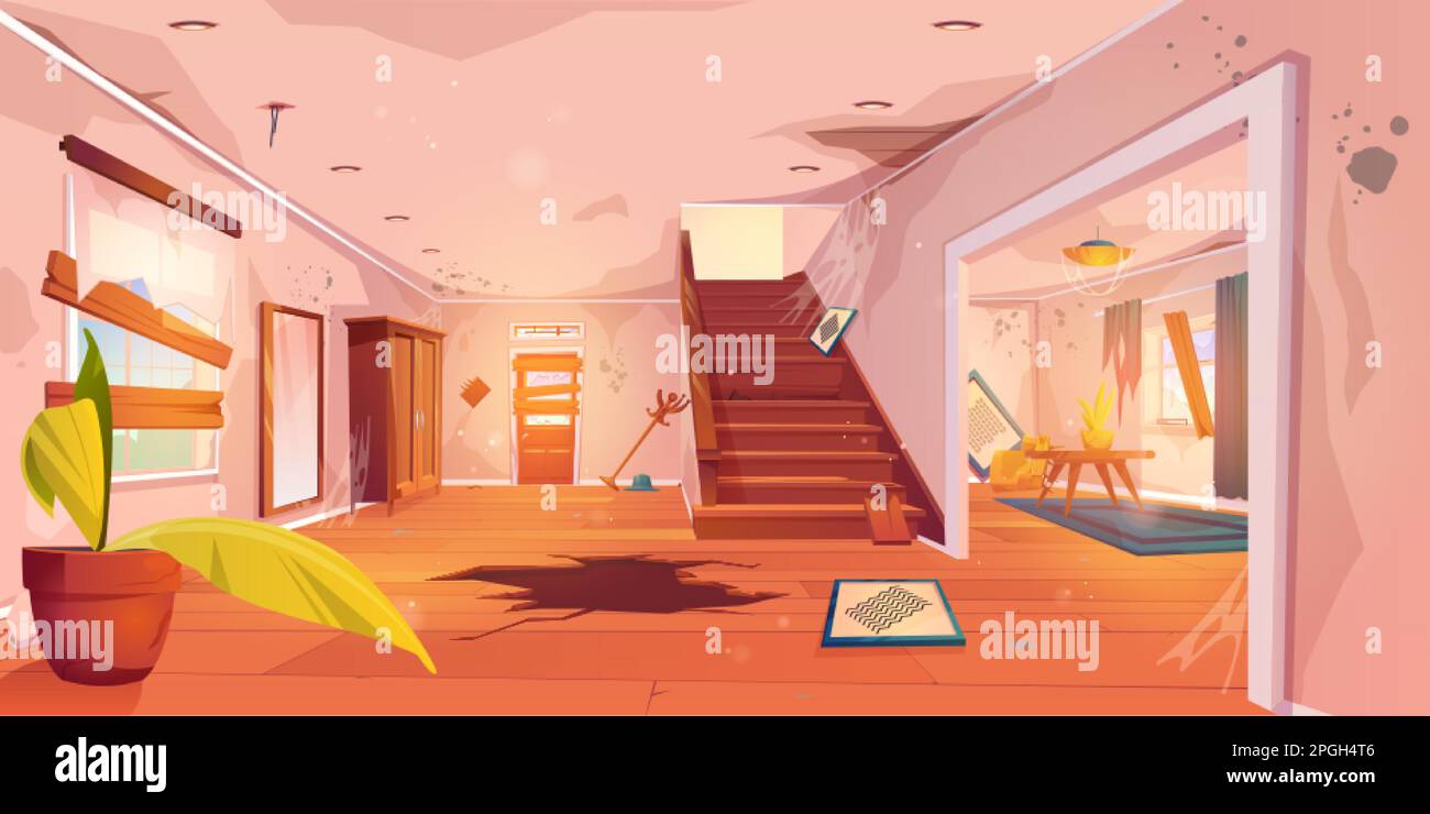 Abbandonati cartoni animati corridoio casa e caotico soggiorno con mobili rotti e ciottoli. Illustrazione vettoriale di vuoto spooky casa con pareti sporche, cra Illustrazione Vettoriale