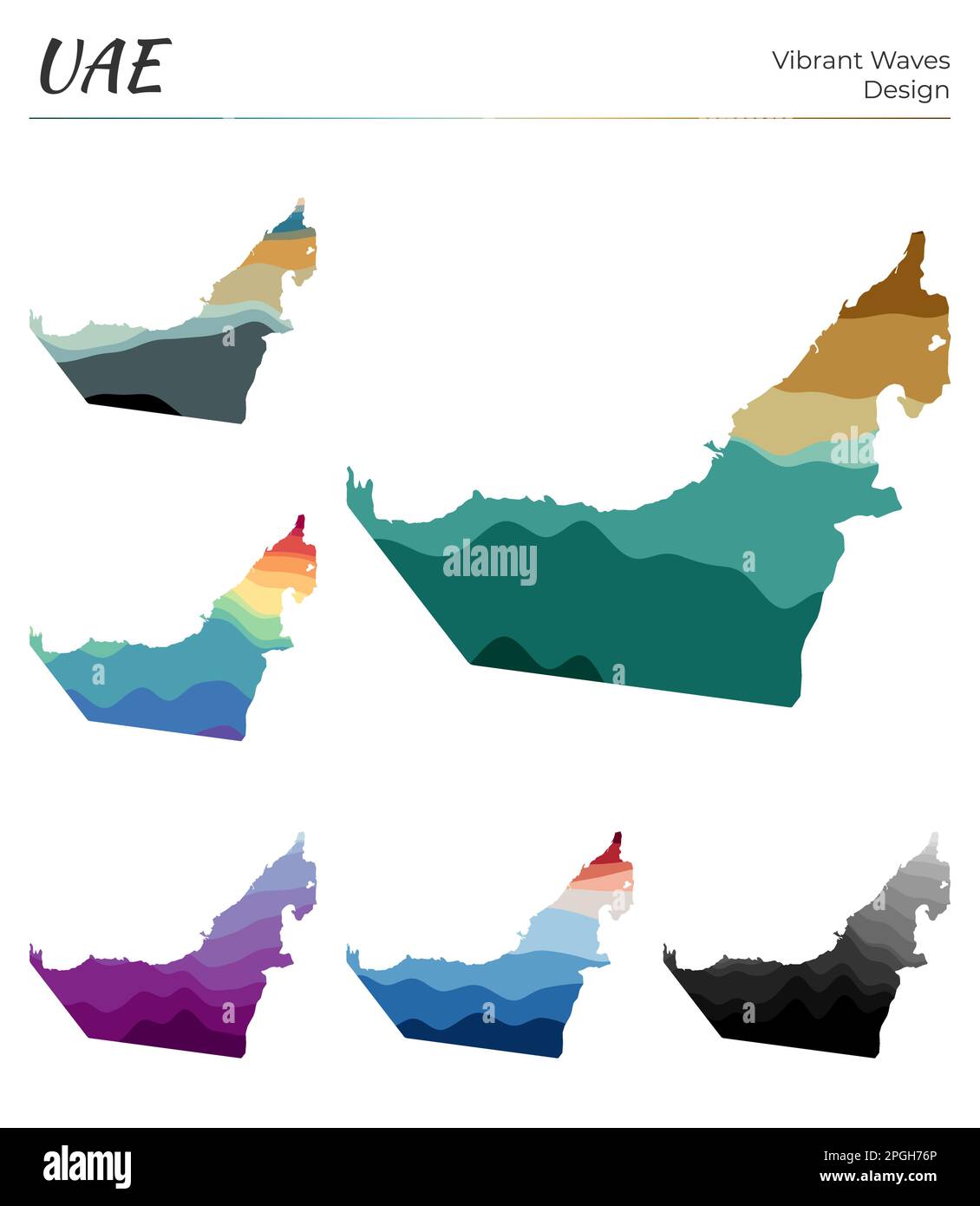Set di mappe vettoriali degli Emirati Arabi Uniti. Design dalle onde vibranti. Mappa luminosa del paese in stile geometrico con curve lisce. Mappa multicolore degli Emirati Arabi Uniti per il tuo progetto. Illustrazione Vettoriale