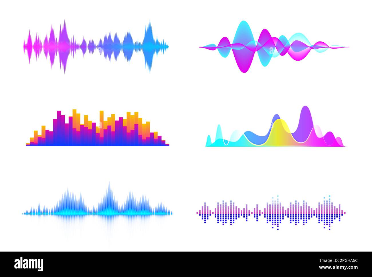 Onde sonore colorate. Forme d'onda del segnale audio, forme d'onda musicali a gradiente di colore e set vettoriale per equalizzatore digitale da studio Illustrazione Vettoriale