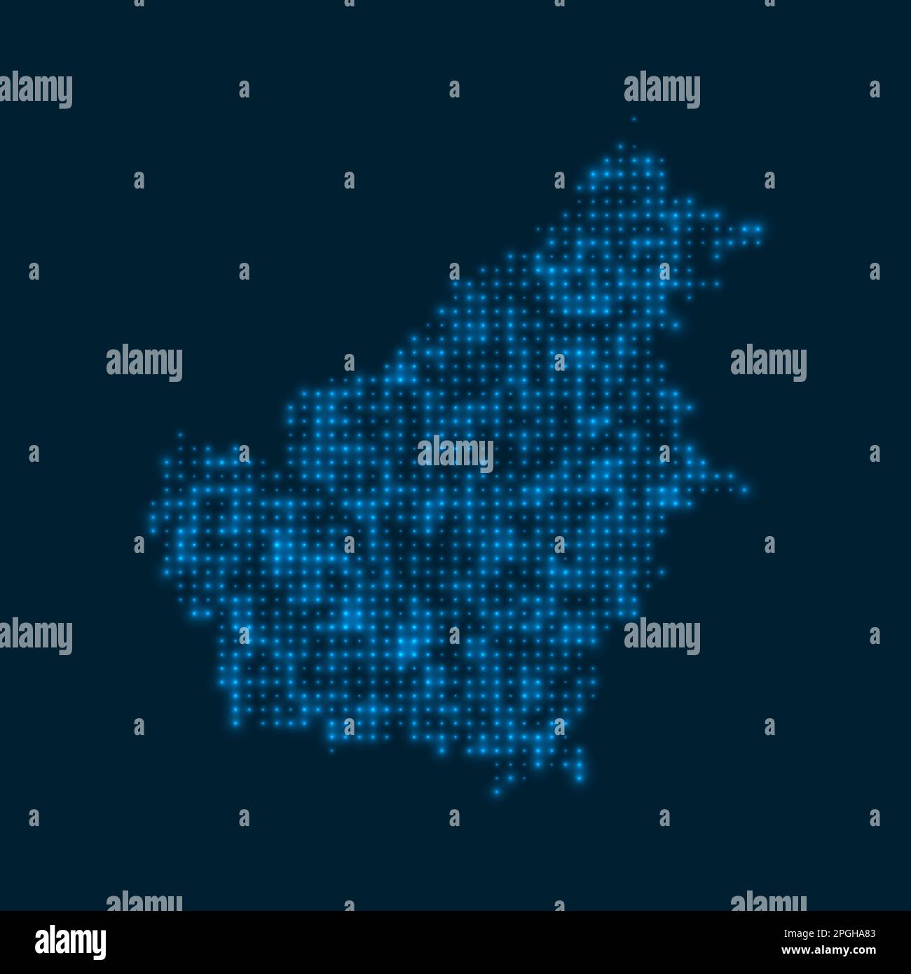 Mappa luminosa tratteggiata del Borneo. Forma dell'isola con bulbi luminosi blu. Illustrazione vettoriale. Illustrazione Vettoriale