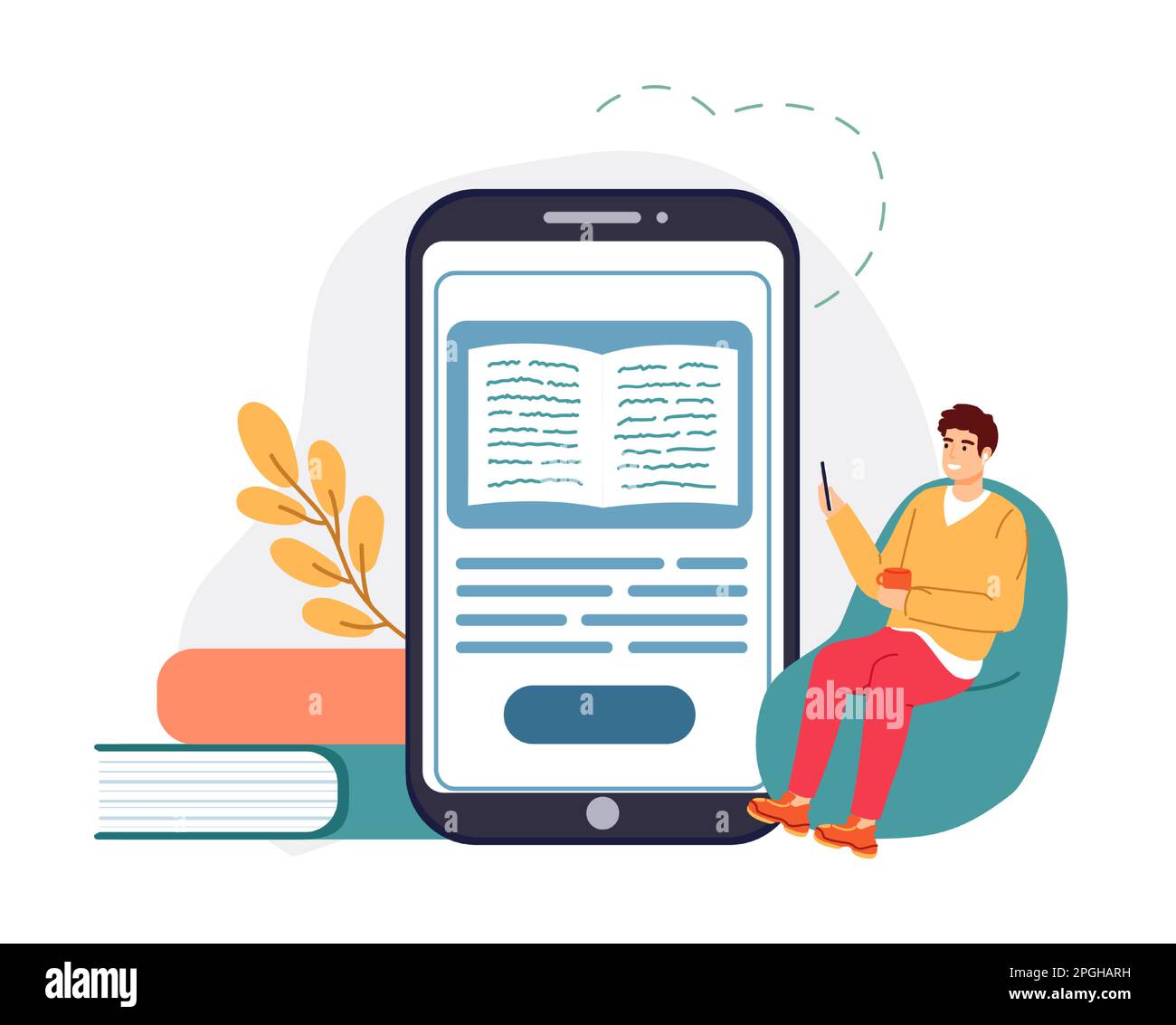 Biblioteca in linea, lettura del ebook, studiare in Internet. Uomo seduto sulla sedia e tenendo lo smartphone con il libro di testo. Concetto di e-learning Illustrazione Vettoriale