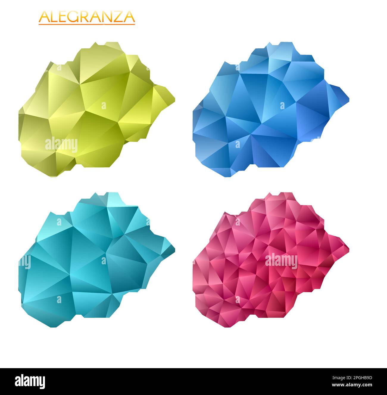 Serie di mappe poligonali vettoriali di Alegranza. Mappa dell'isola con gradiente luminoso in basso stile polietilene. Illustrazione Vettoriale