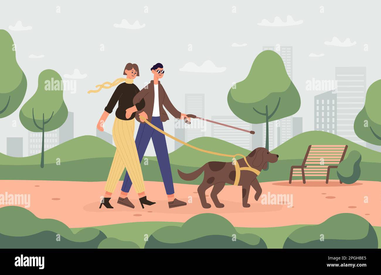Coppia cieca con cane guida che cammina nel parco. Donna che va con i personaggi maschili con bastone all'aperto. Personaggi dei cartoni animati Illustrazione Vettoriale