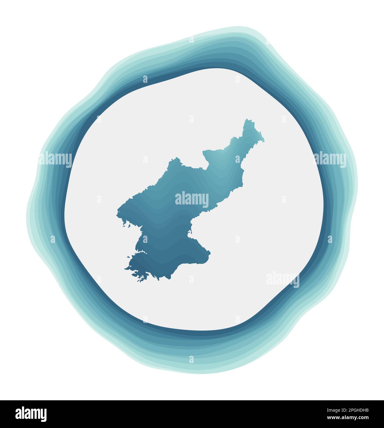 Logo della Corea del Nord. Distintivo del paese. Insegna circolare a strati intorno alla forma del confine della Corea del Nord. Interessante illustrazione vettoriale. Illustrazione Vettoriale