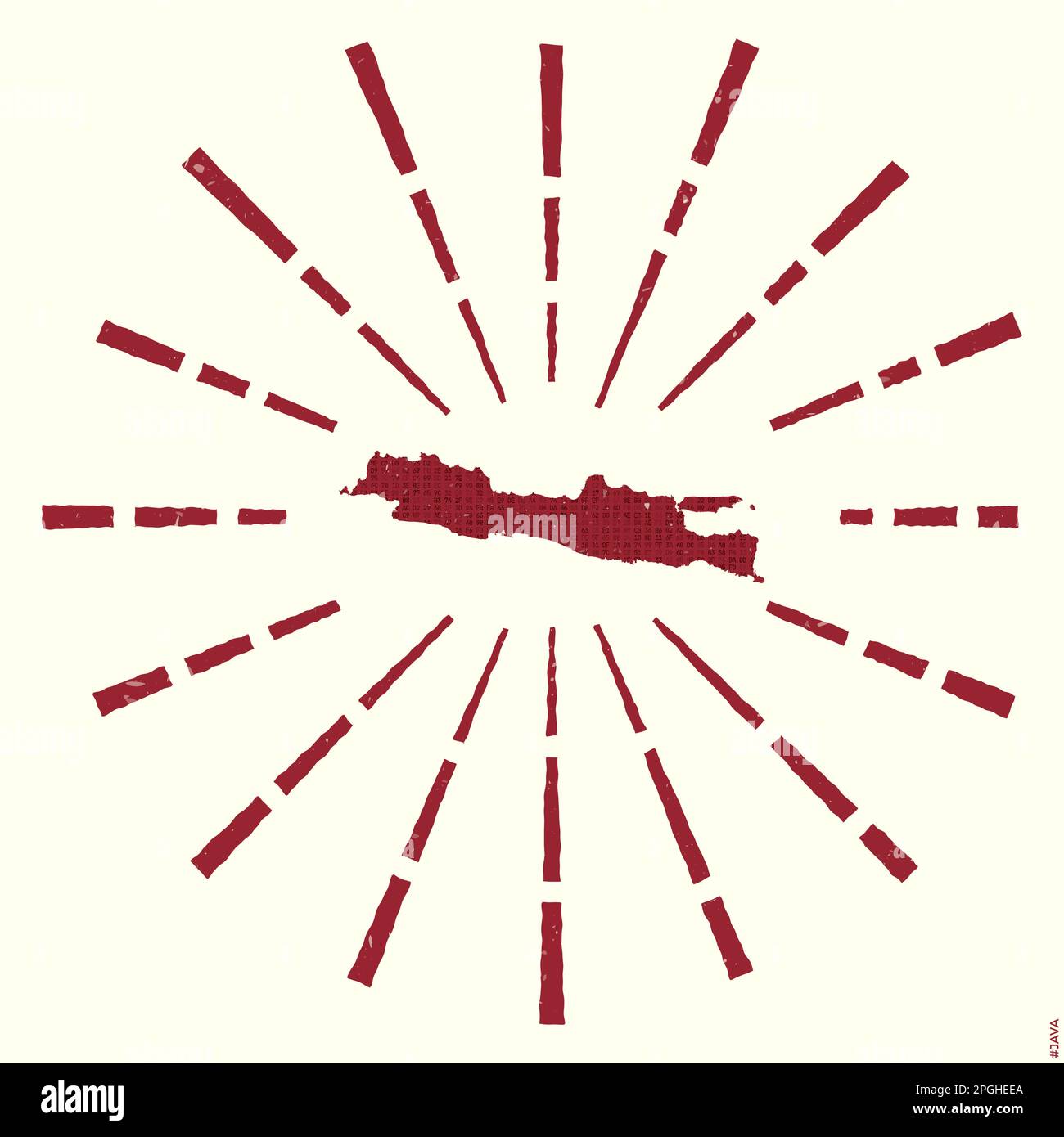 Logo Java. Poster grunge Sunburst con mappa dell'isola. Forma di Giava riempita con cifre esadecimali con raggi solari intorno. Illustrazione vettoriale VIBRANT. Illustrazione Vettoriale