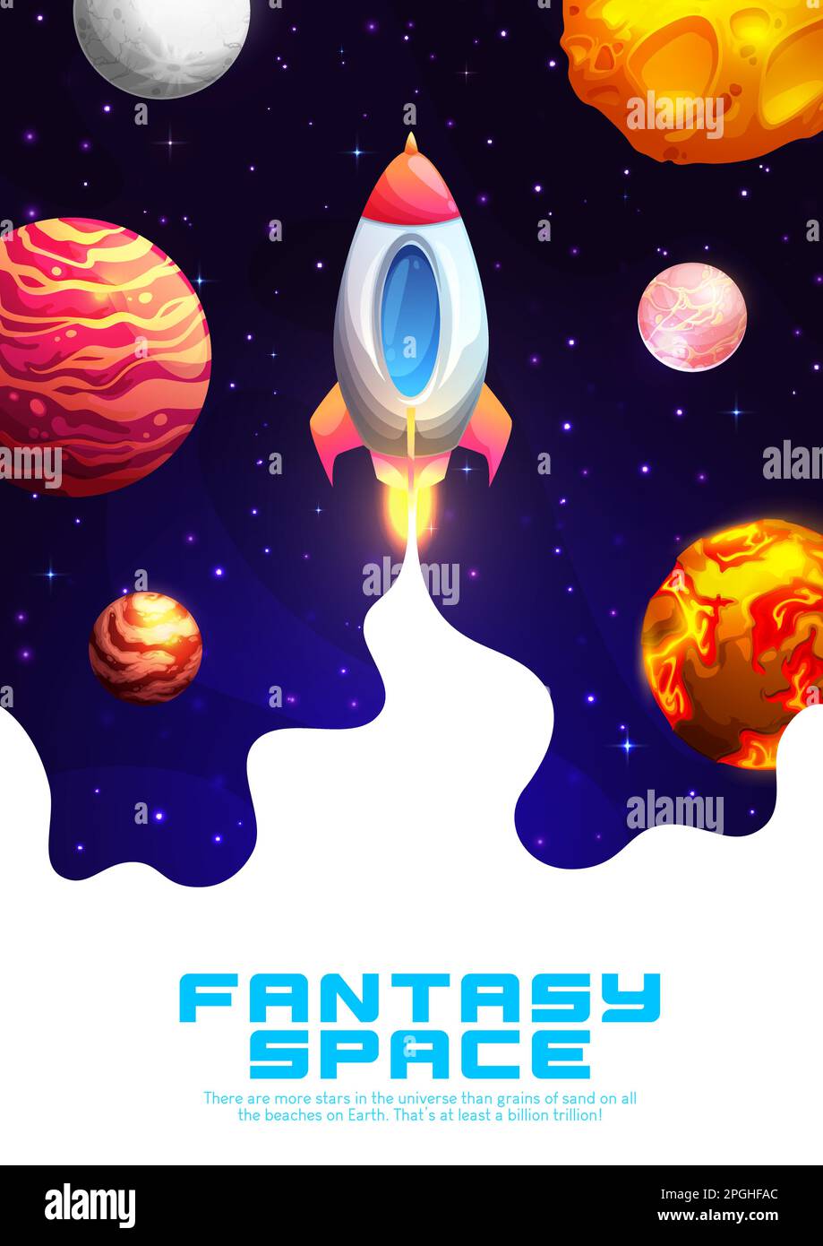 Lancio di un razzo nello spazio fantasy. Sfondo vettoriale con viaggio astronave in Universo. Navetta con montatura di fumo bianco che vola in galassia aliena con piano Illustrazione Vettoriale