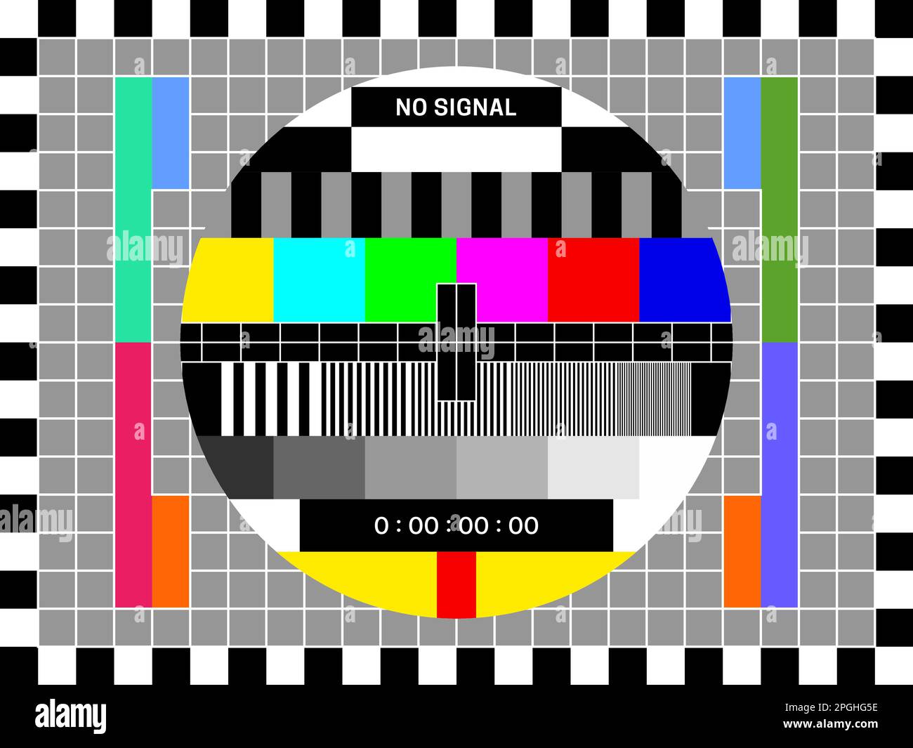Schermo di prova del segnale TV, test del colore della televisione retrò  del modello di trasmissione, sfondo del vecchio video vettoriale.  Visualizzazione del terminale TV con griglia di prova dello schermo,  immagine