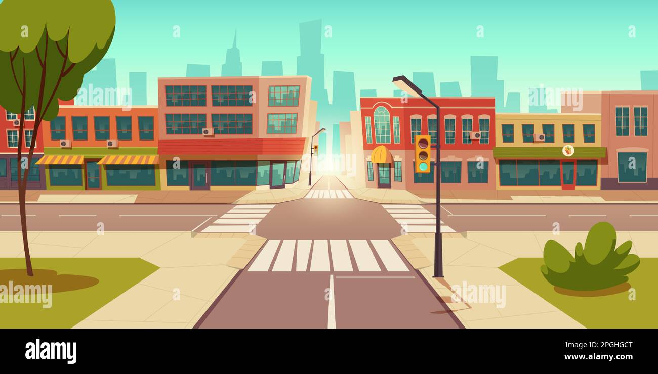 Paesaggio urbano di strada con incrocio e semaforo, edifici con piccoli negozi, caffè e ristoranti cartoni animati sfondo vettoriale, città poster con spazio vuoto strada Illustrazione Vettoriale