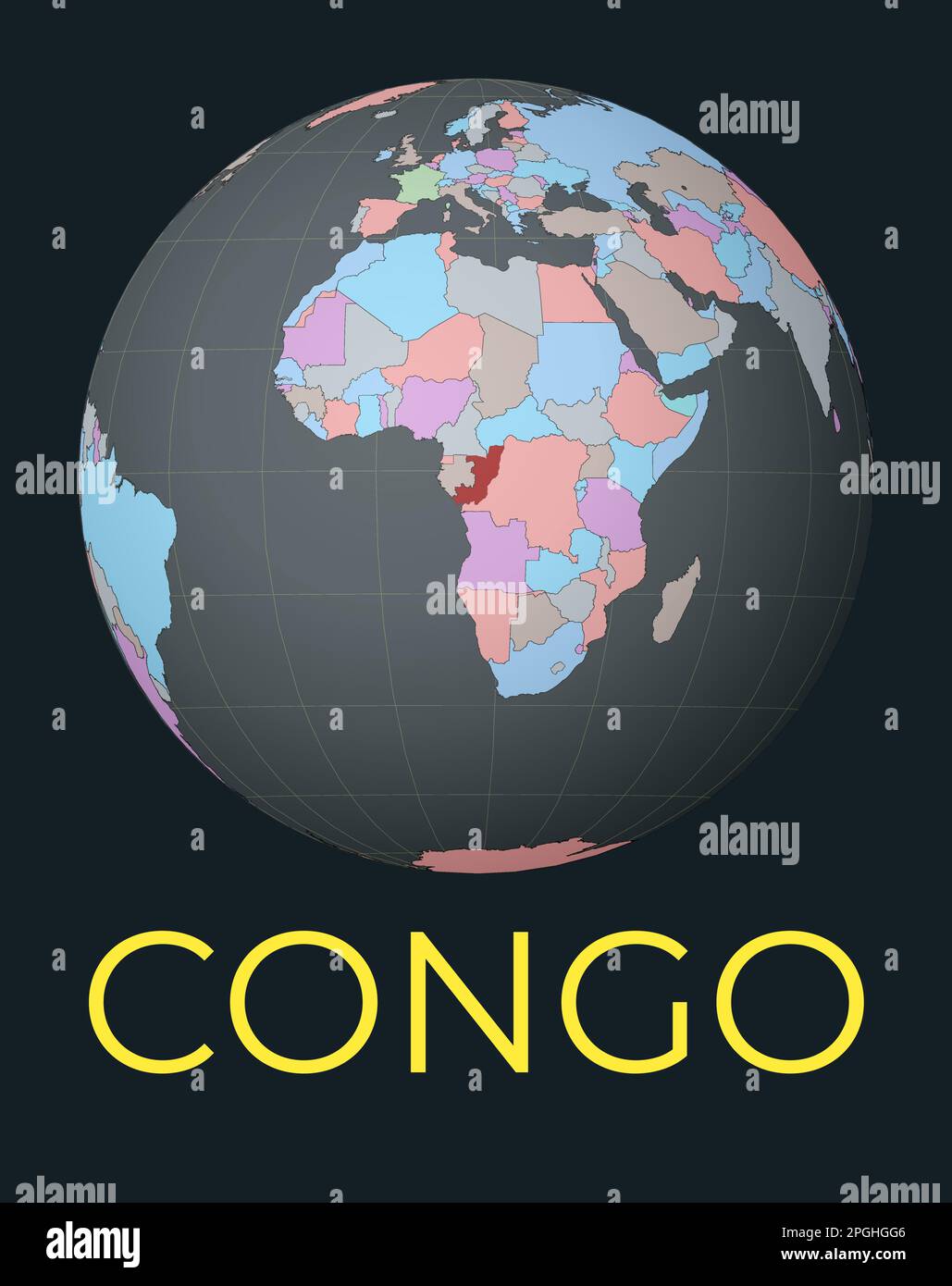 Mappa del mondo incentrata sul Congo. Paese evidenziato in rosso. Visione satellitare del mondo incentrata sul paese con il nome. Illustrazione vettoriale. Illustrazione Vettoriale