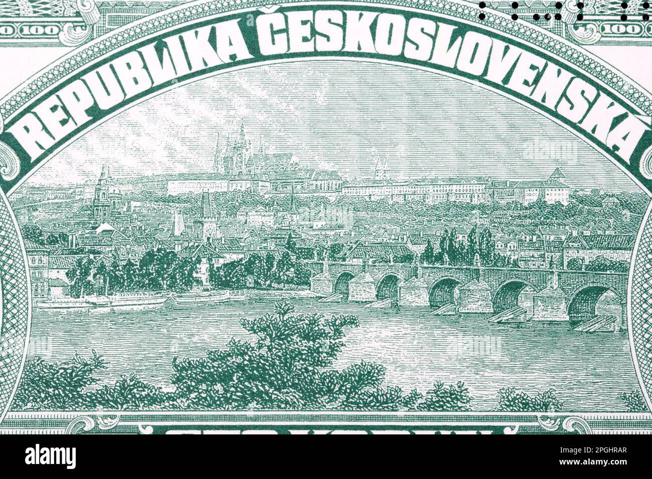 Vista di Praga da soldi cecoslovacchi - koruna Foto Stock