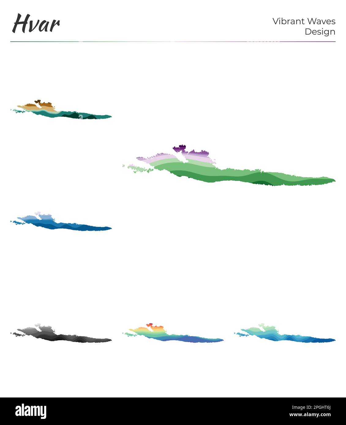 Set di mappe vettoriali di Hvar. Design dalle onde vibranti. Mappa luminosa dell'isola in stile geometrico con curve lisce. Mappa di Hvar multicolore per il tuo progetto. Illustrazione Vettoriale