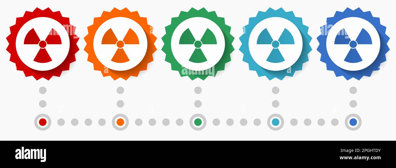 Set di icone vettoriali per radiazioni, modello infografico colorato, set di icone a forma piatta con 5 colori Illustrazione Vettoriale
