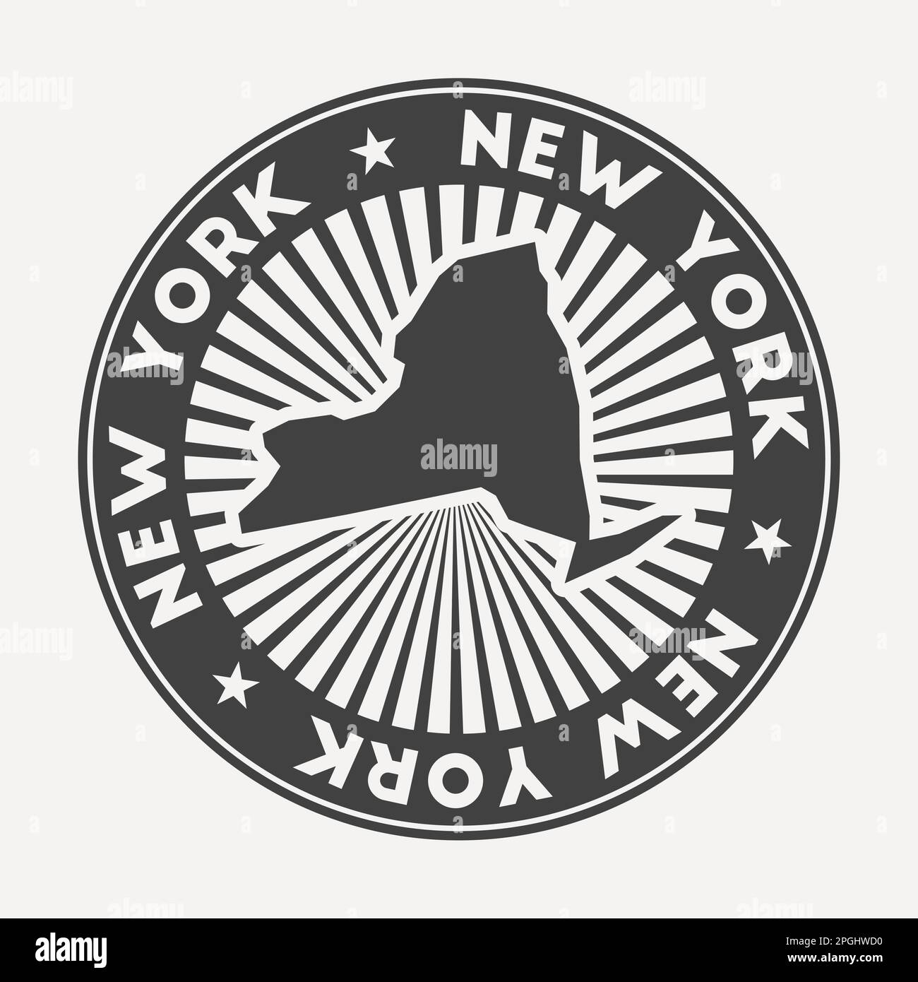 Logo rotondo di New York. Badge da viaggio vintage con il nome circolare e la mappa dello stato degli Stati Uniti, illustrazione vettoriale. Illustrazione Vettoriale