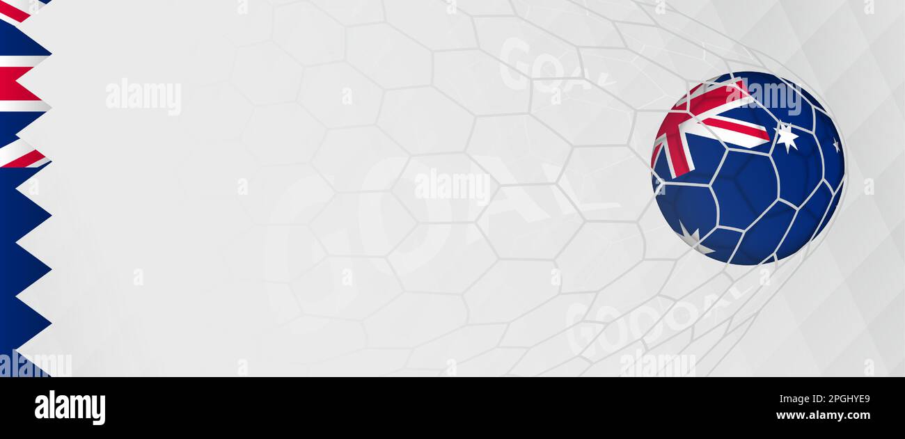 Banner design di una palla di calcio con bandiera dell'Australia in rete di calcio, il gol della nazionale di calcio dell'Australia. Illustrazione vettoriale. Illustrazione Vettoriale