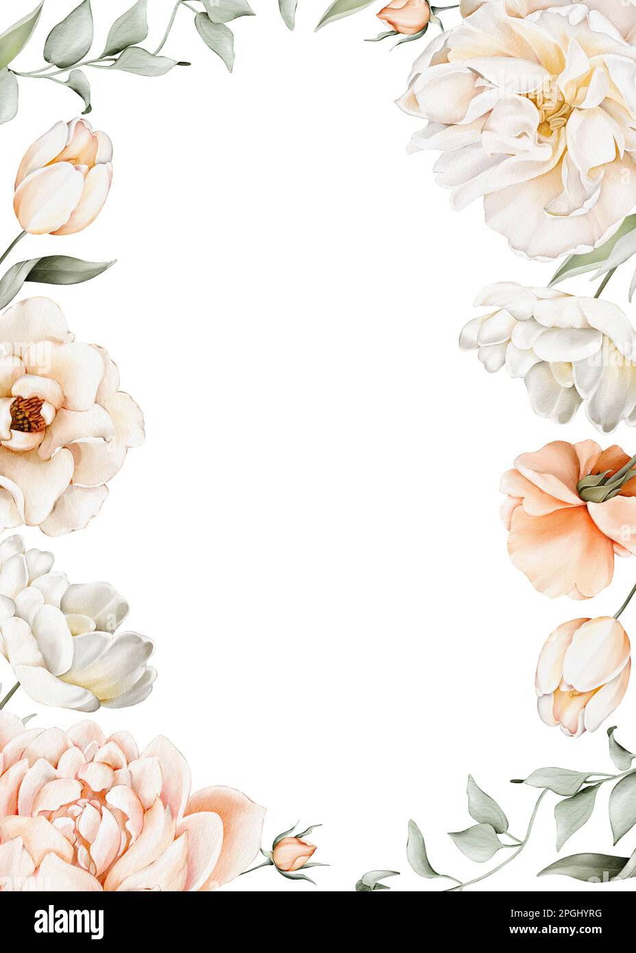 Acquerello struttura floreale dipinta a mano con tulipano, rose, peonie, camelllia, foglie. Illustrazioni, isolate su sfondo bianco per cartoline, matrimonio inv Foto Stock