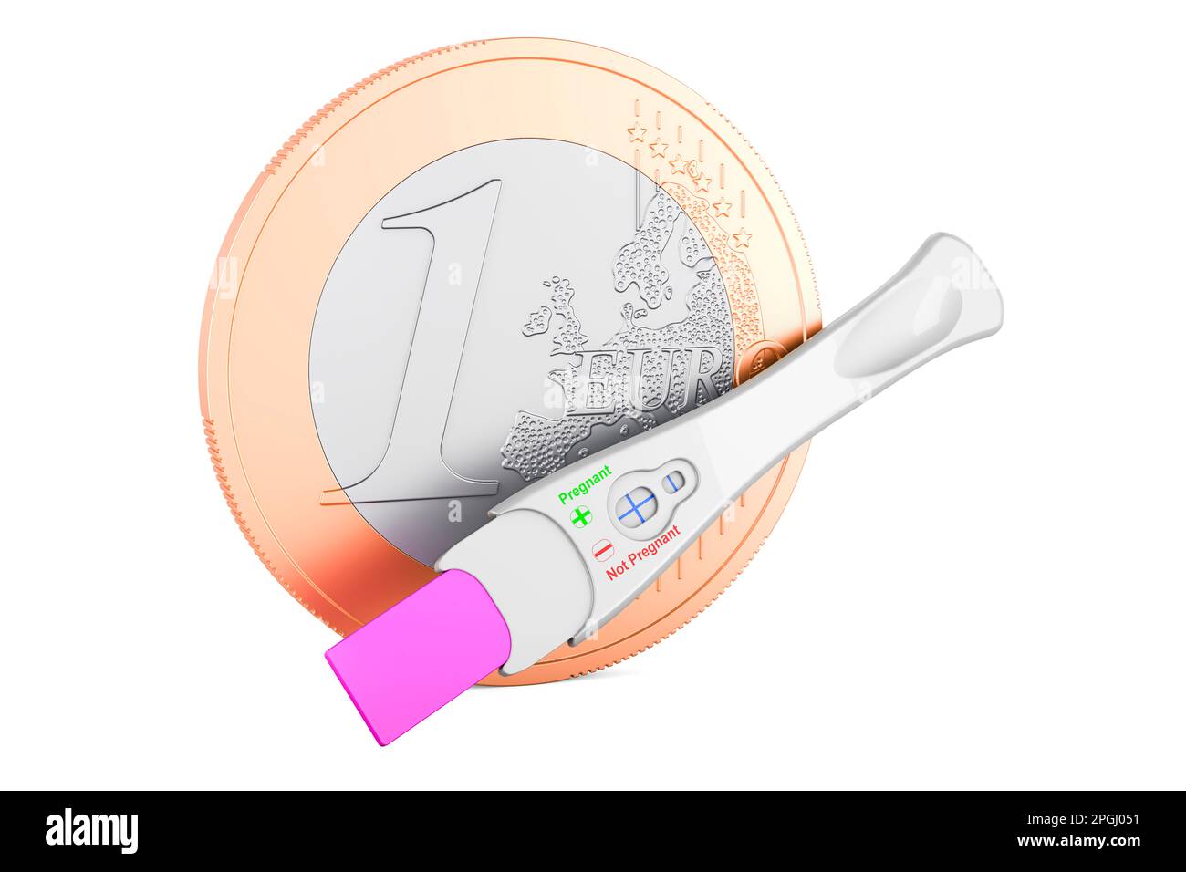 Test di gravidanza positivo con moneta euro, 3D rendering isolato su sfondo bianco Foto Stock