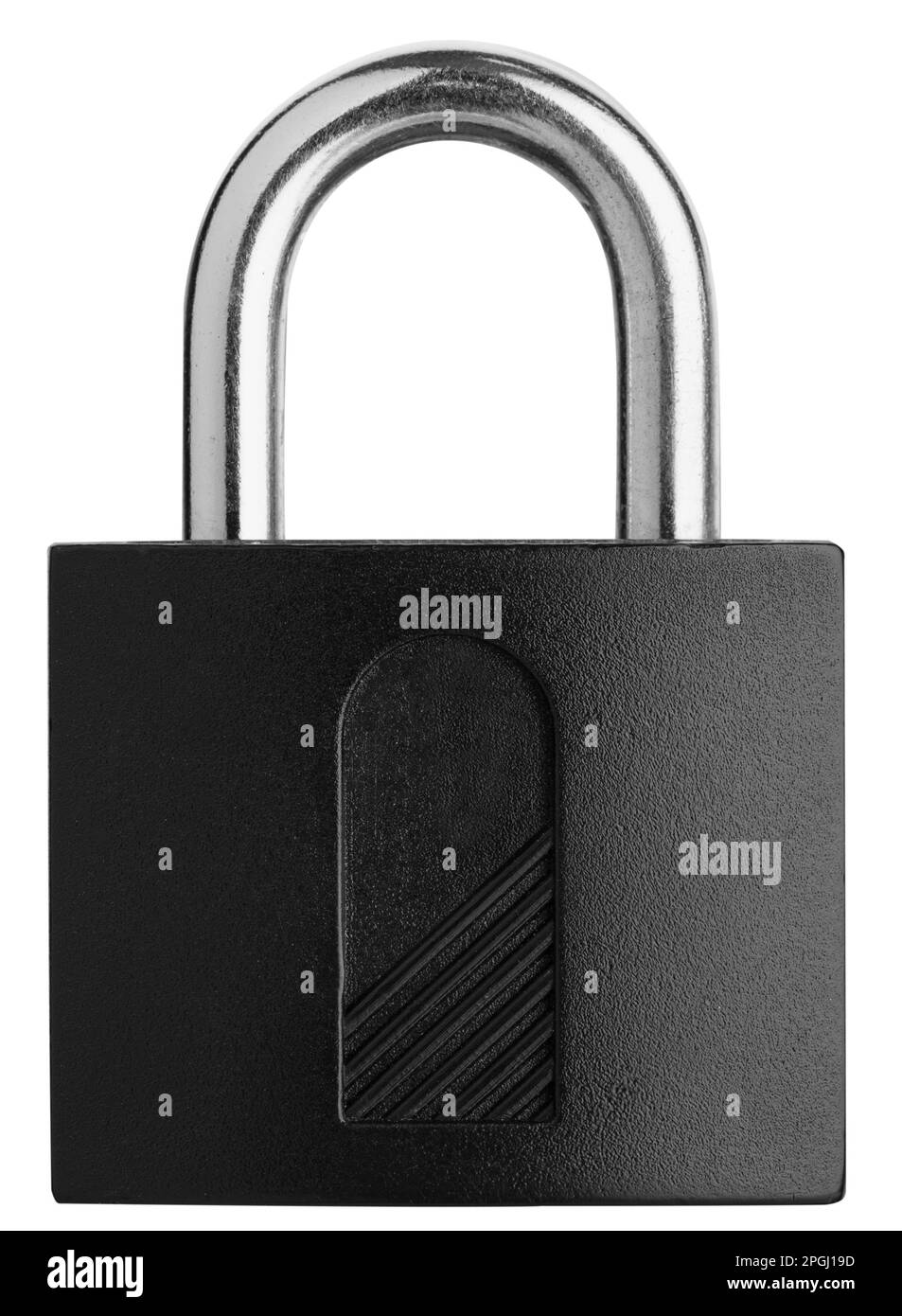 Lucchetto chiuso isolato su sfondo bianco. Colori argento e nero Foto Stock