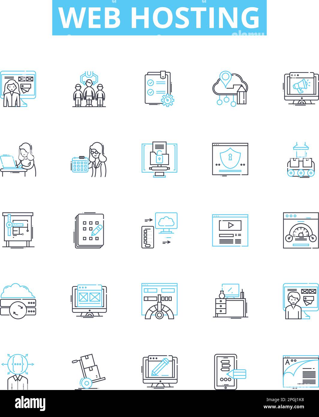 Set di icone della linea vettoriale di Web Hosting. Hosting, Web, sito Web, cloud, domini, Server, illustrazione dei dati delineare simboli e segni concettuali Illustrazione Vettoriale