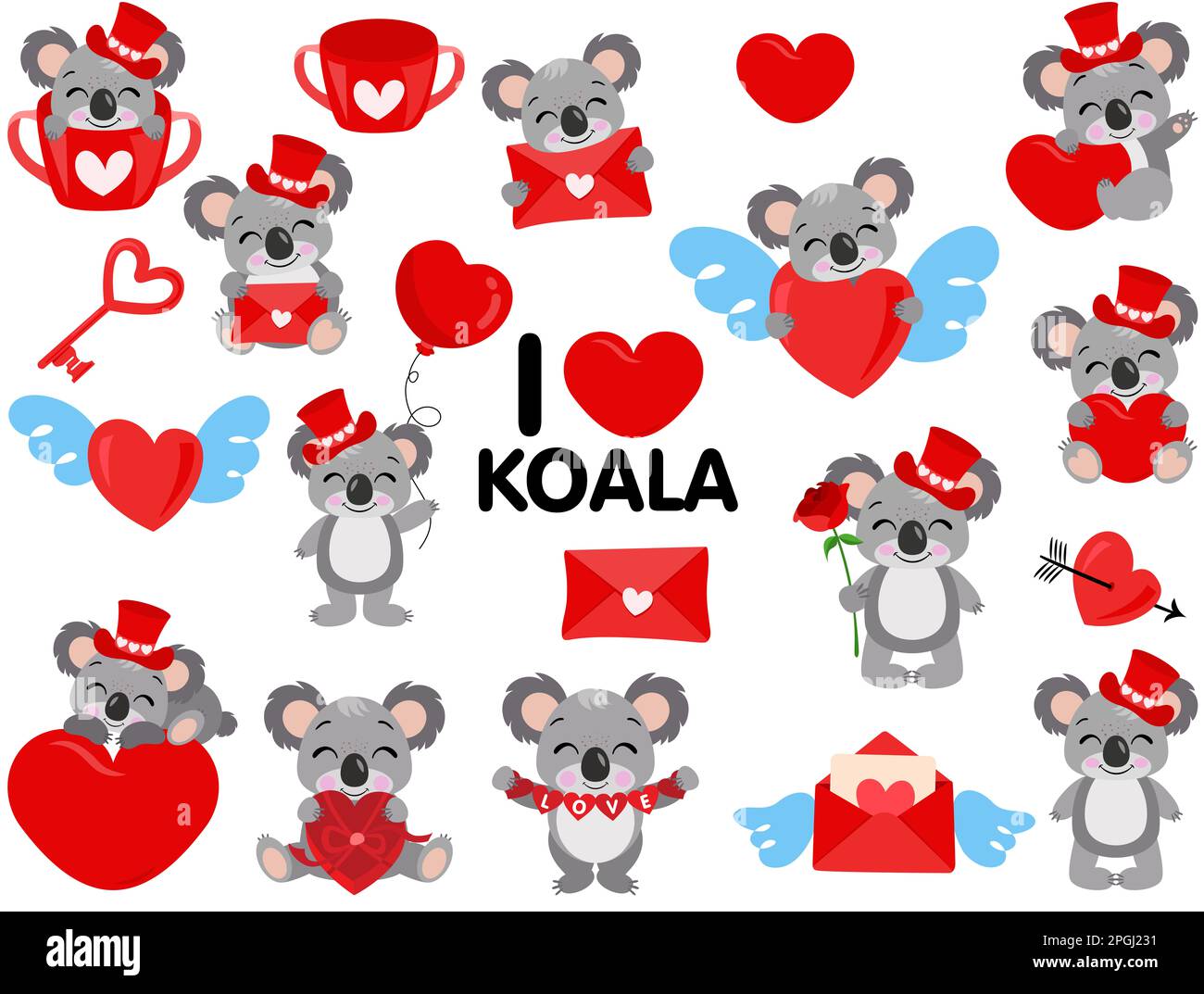 Set di divertenti koala di San Valentino Foto Stock