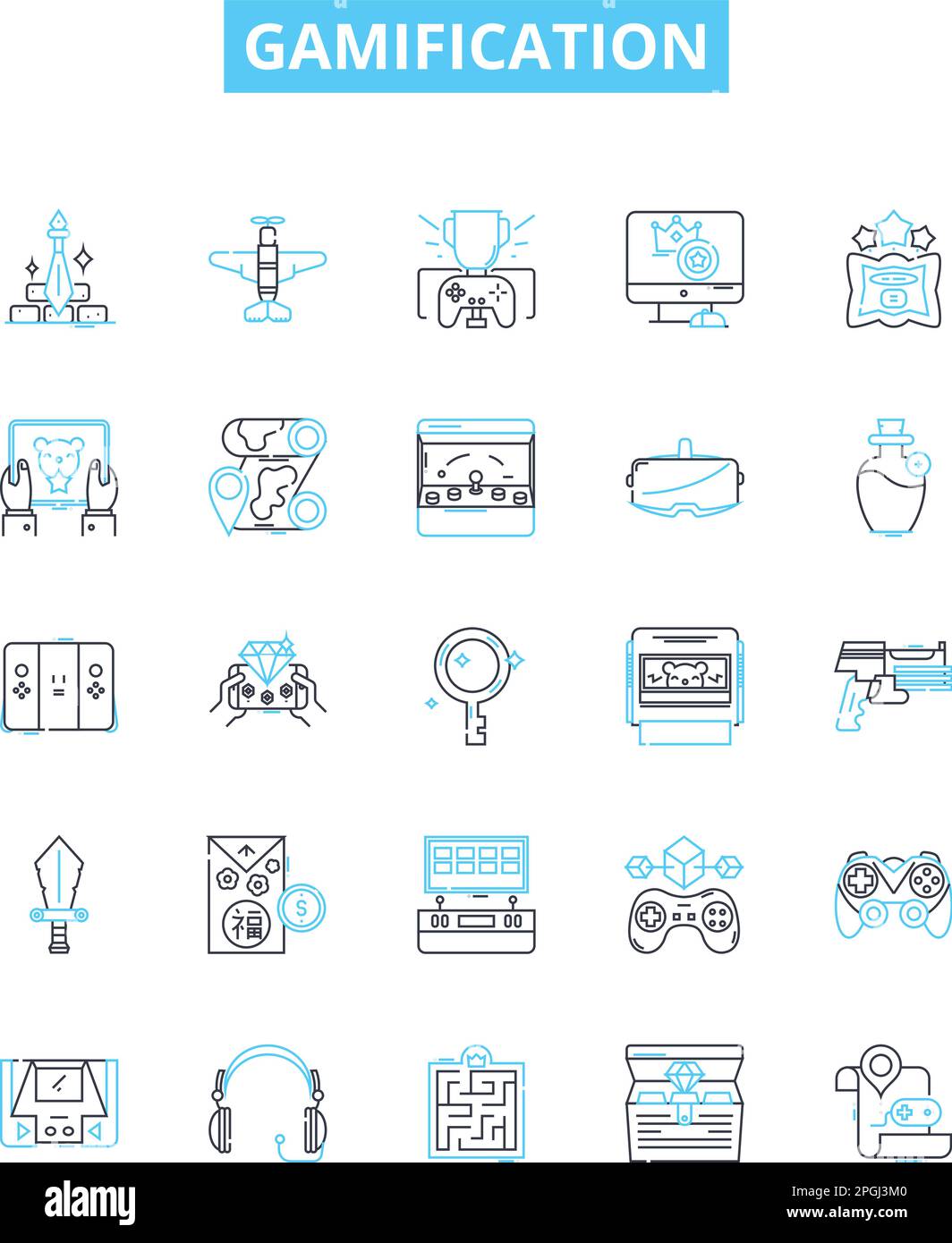 Set di icone delle linee vettoriali di gamification. Gamification, gioco, gioco, coinvolgimento, motivazione, premiazione, illustrazione di livello delineano i simboli e i segni di concetto Illustrazione Vettoriale