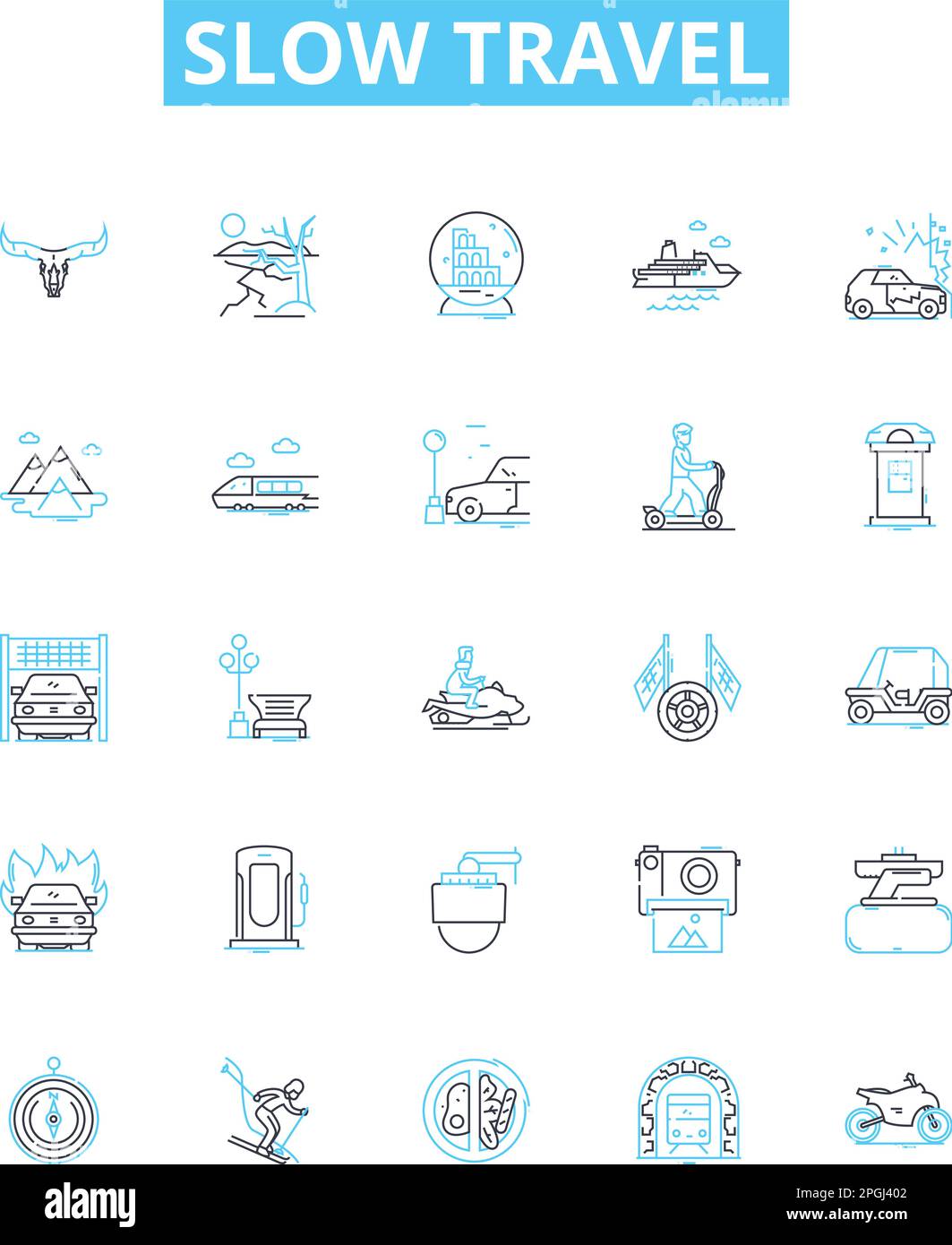 Icone linea vettoriale di marcia lenta impostate. Lento, Viaggi, sostenibile, Ecoturismo, responsabile, Illustrazione locale basata sulla comunità, simboli del concetto di contorno e. Illustrazione Vettoriale