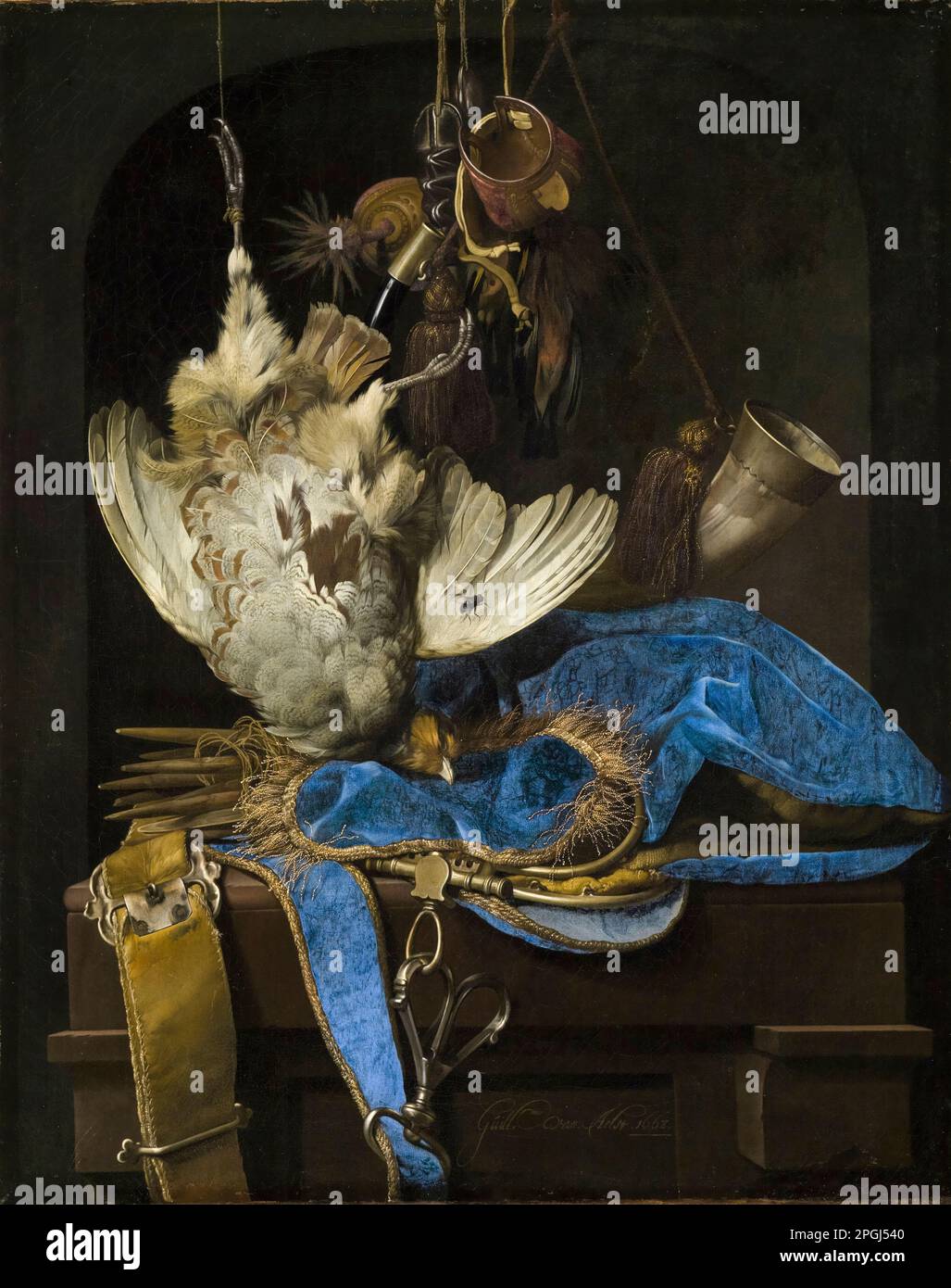 Willem van Aelst, Still-Life with Hunting Equipment e Dead Birds, pittura in olio su tela, 1668 Foto Stock Willem van Aelst, Still-Life with Hunting Equipment e Dead Birds, pittura in olio su tela, 1668 Foto Stock