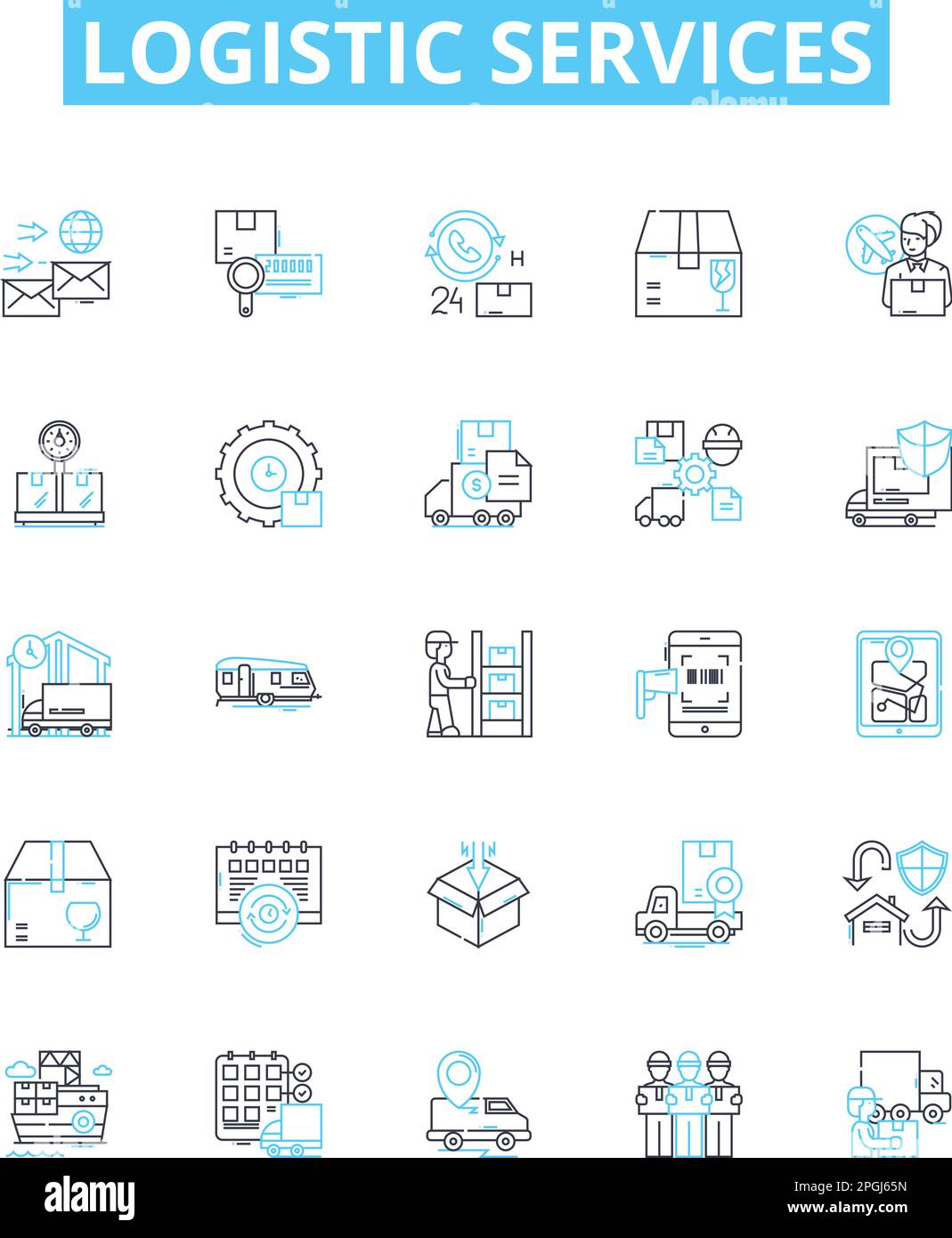Set di icone di linee vettoriali per servizi logistici. Logistica, servizi, consegna, spedizione, trasporto, Gestione, illustrazione fornitura, simboli di concetto di contorno e. Illustrazione Vettoriale
