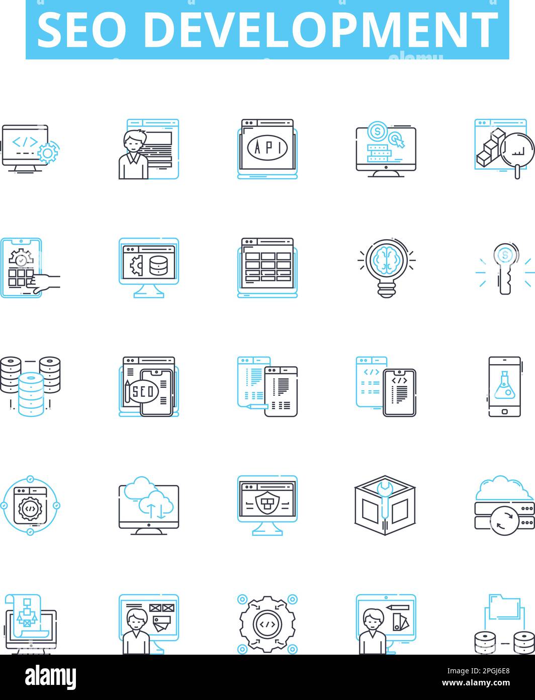 seo vettore sviluppo linea icone set. SEO, sviluppo, Ricerca, motore, ottimizzazione, Le strategie, l'illustrazione di classificazione delineano i simboli di concetto e. Illustrazione Vettoriale