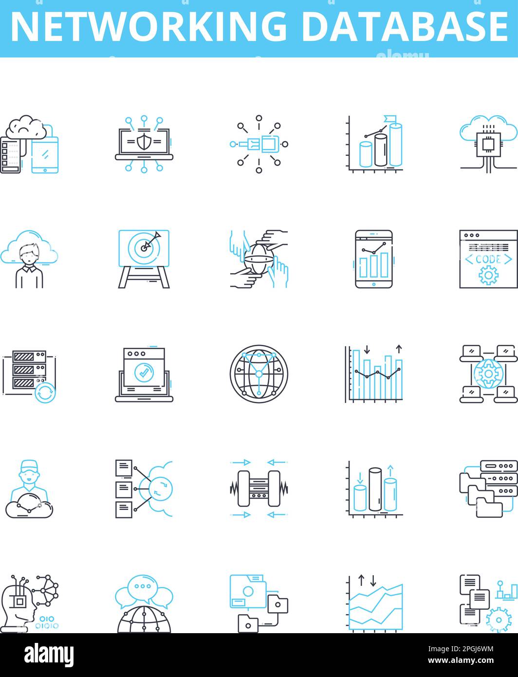 Icone di linea vettoriale del database di rete impostate. Rete, Database, SQL, connessione, Tabella, Schema, illustrazione delle chiavi delineare simboli e segni concettuali Illustrazione Vettoriale