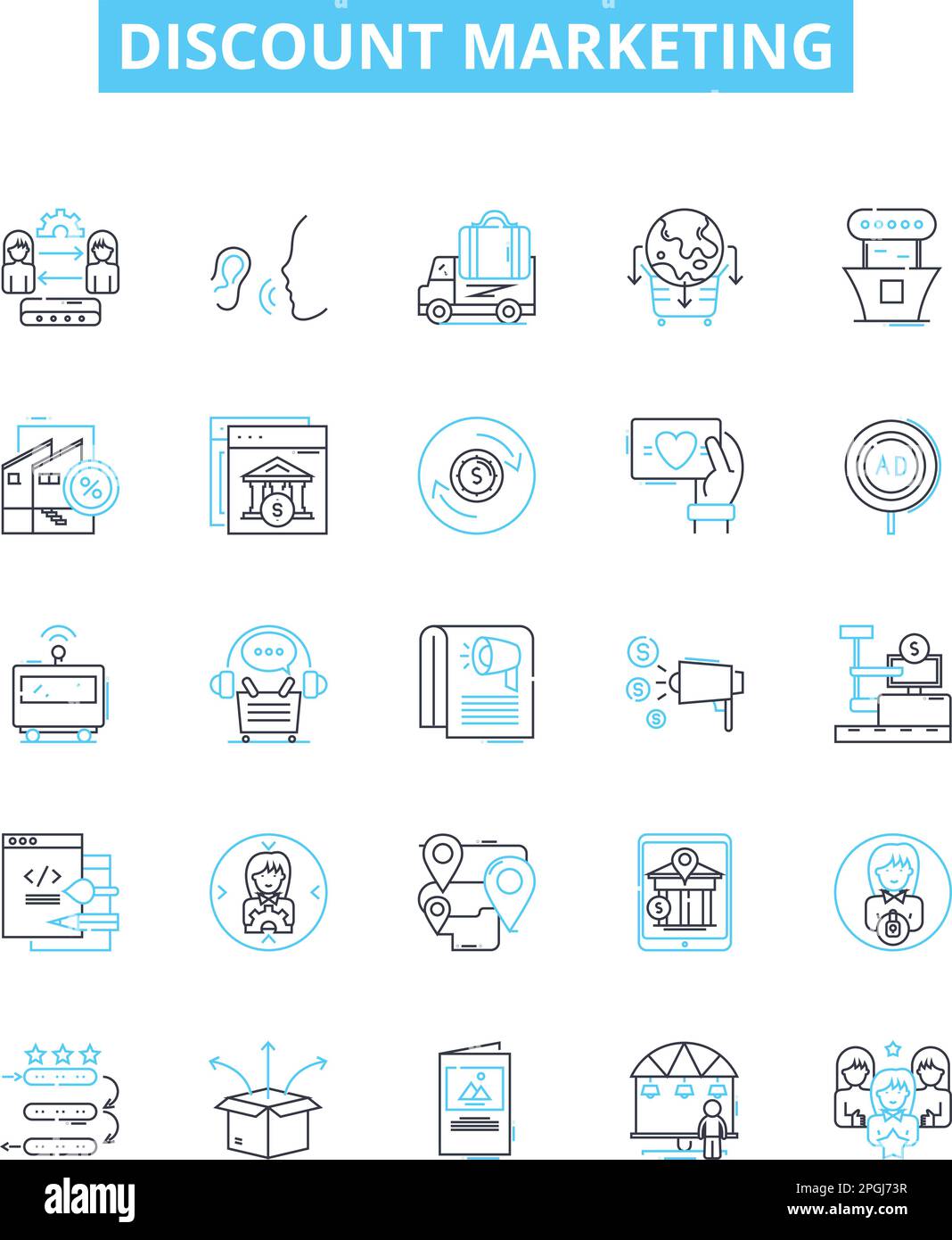 Set di icone di linee vettoriali per il marketing di sconti. Sconto, marketing, vendite, offerte, buoni, Offerte, illustrazione di risparmio delineano i simboli e i segni di concetto Illustrazione Vettoriale