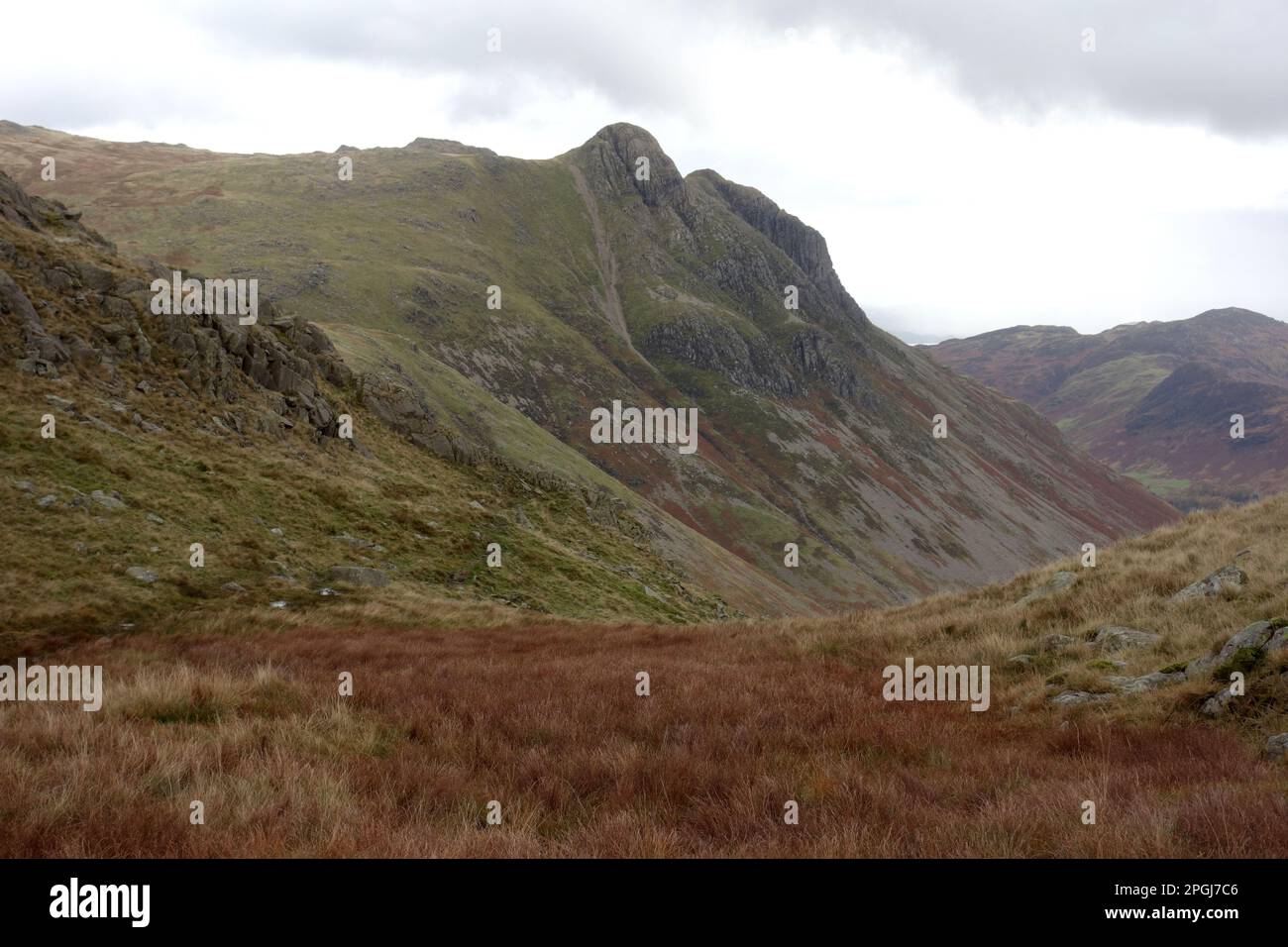 Il Wainwright Pike di Stickle e i Langdale Pikes da Little Gill Head nella Mickleden Valley, Cumbria, Inghilterra, Regno Unito Foto Stock