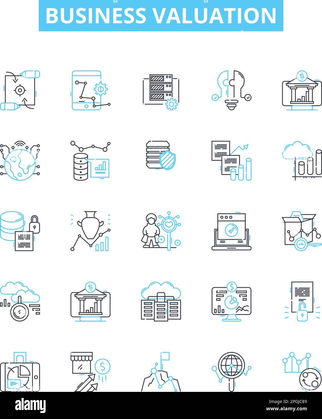Set di icone di linee vettoriali per la valutazione aziendale. Valutazione, attività, analisi, asset, prezzo, Mercato, illustrazione di equità delineano i simboli e i segni di concetto Illustrazione Vettoriale