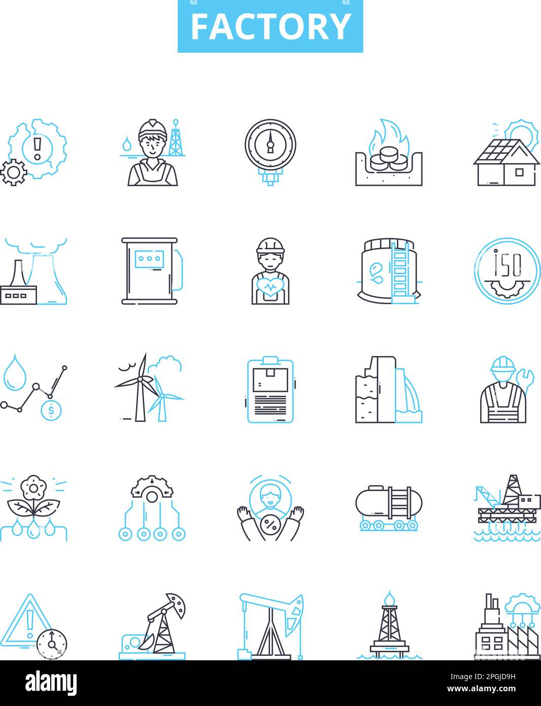 Icone delle linee vettoriali impostate in fabbrica. Fabbrica, fabbricazione, pianta, produzione, mulino, Officina, illustrazione dell'assemblaggio delineano i simboli e i segnali dei concetti Illustrazione Vettoriale