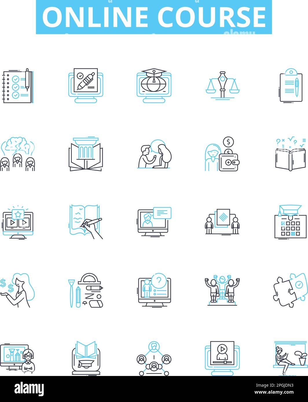 Set di icone linea vettoriale del corso online. ELearning, webinar, tutorial, MOOC, formazione, Workshop, illustrazione delle certificazioni delineano i simboli dei concetti e. Illustrazione Vettoriale