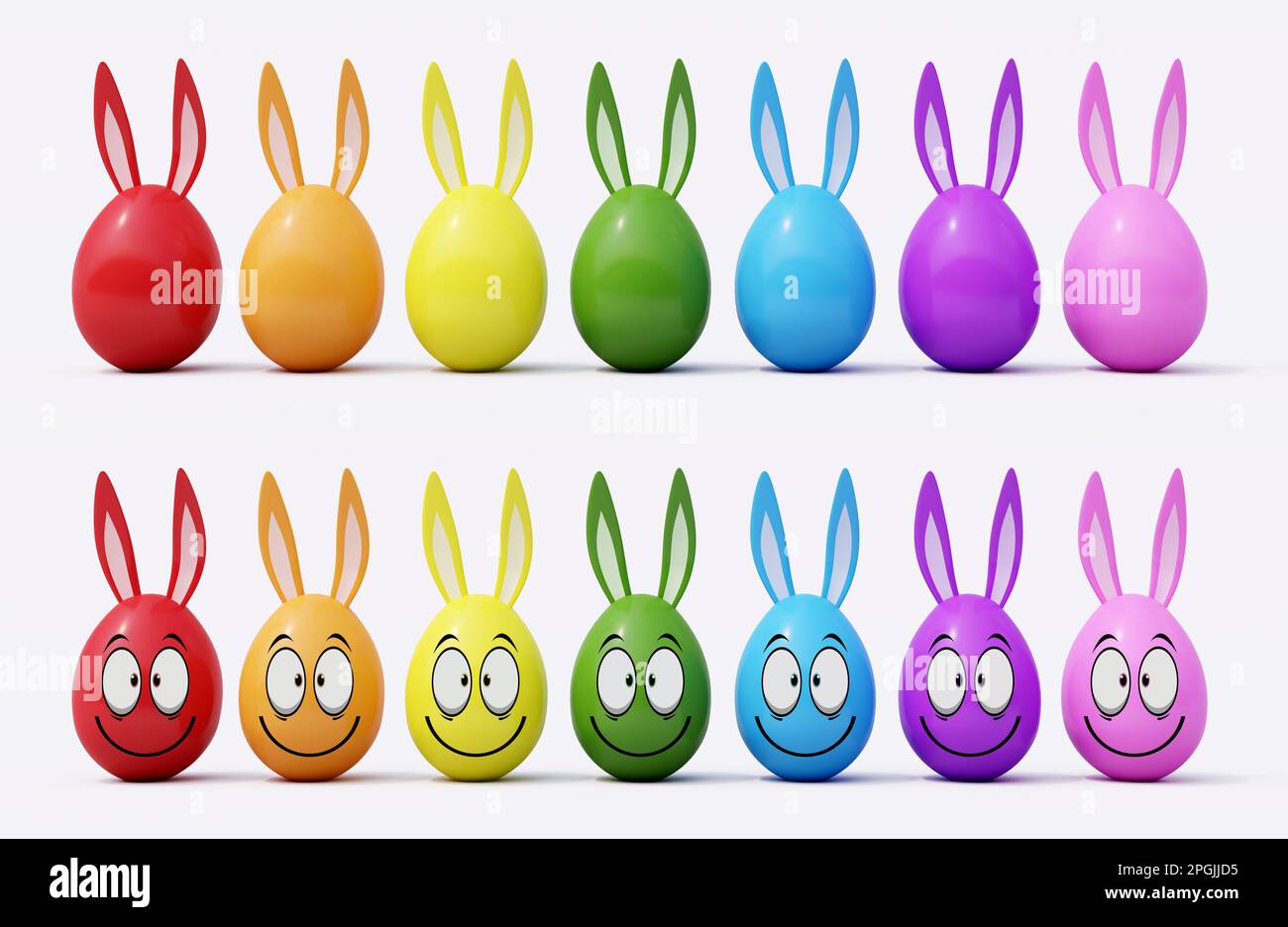 Colorate uova di Pasqua su sfondo bianco, felice biglietto di auguri di Pasqua 3D render Foto Stock
