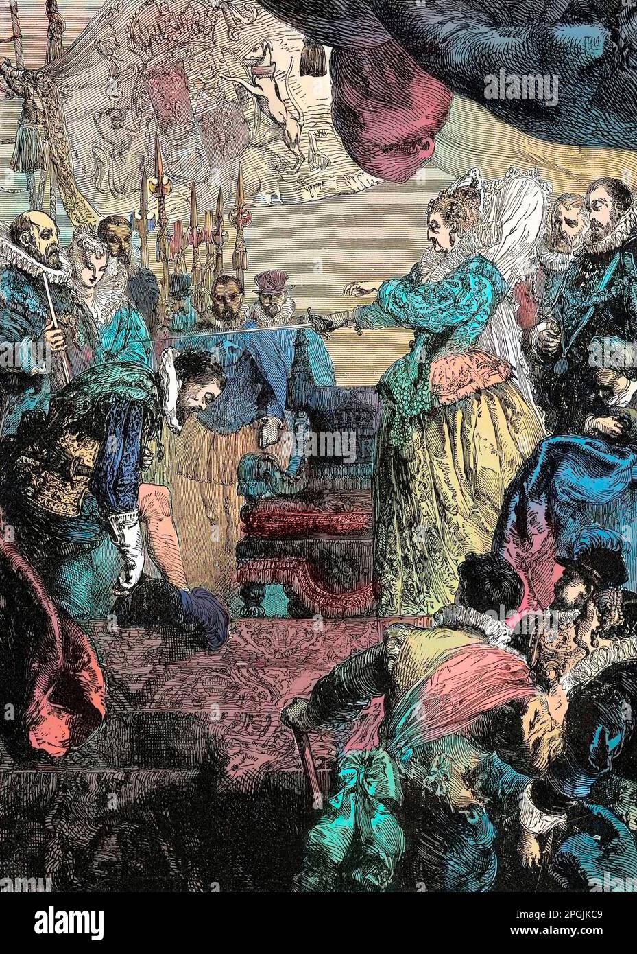 Adoubement de Francis Drake (1540-1596), 1581 - Queen Elizabeth i (1530-1603) Knighting Francis Drake (1540-96) - Adoubement de Francis Drake (1540-1596), 1581 : le navigateur anglais est fait chevalier par la reine Elisabeth 1ere d'Angleterre (1533-1603). Foto Stock