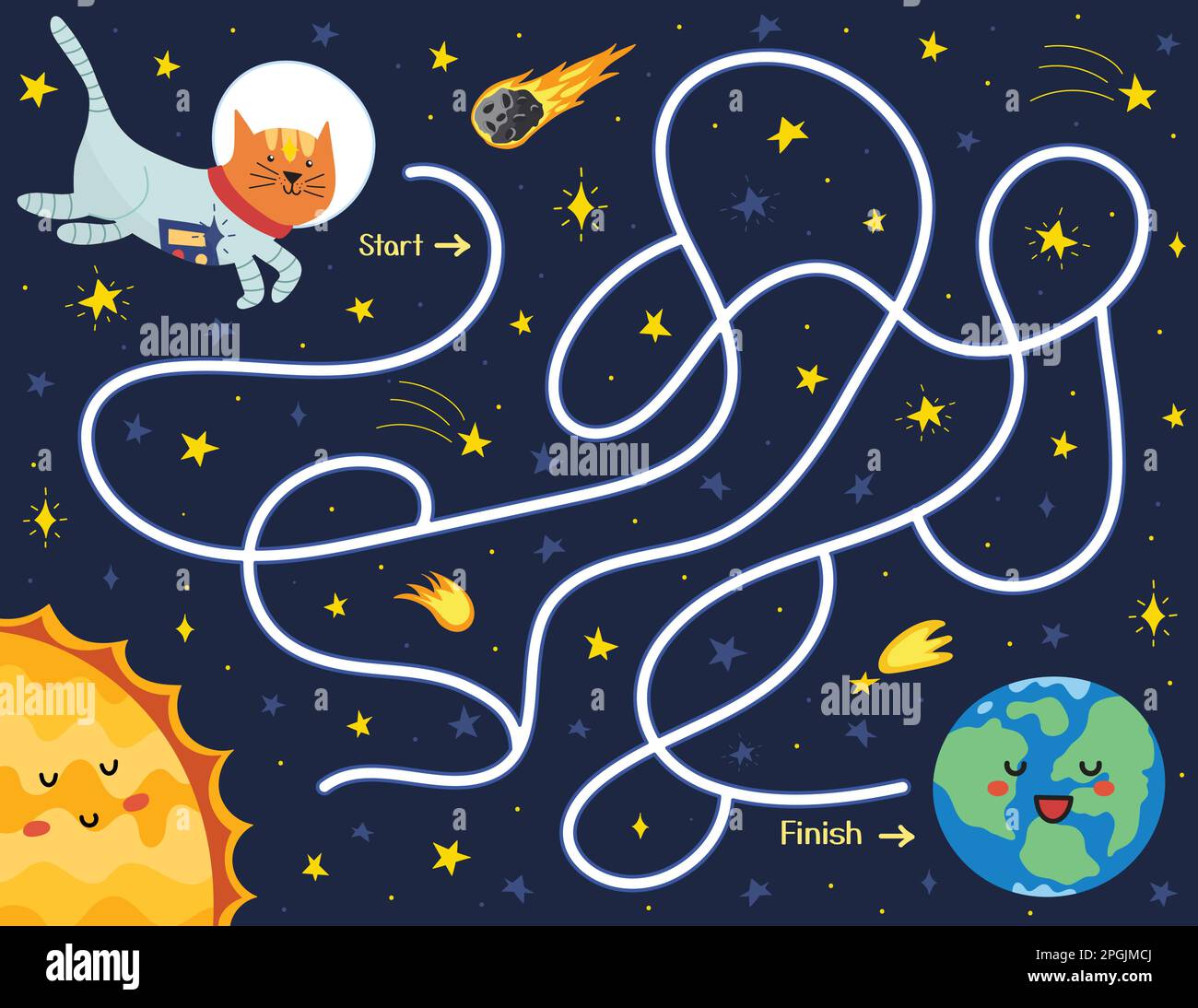 Aiutare un astronauta carino gatto trovare un modo per la Terra. Puzzle labirinto spazio per i bambini Illustrazione Vettoriale