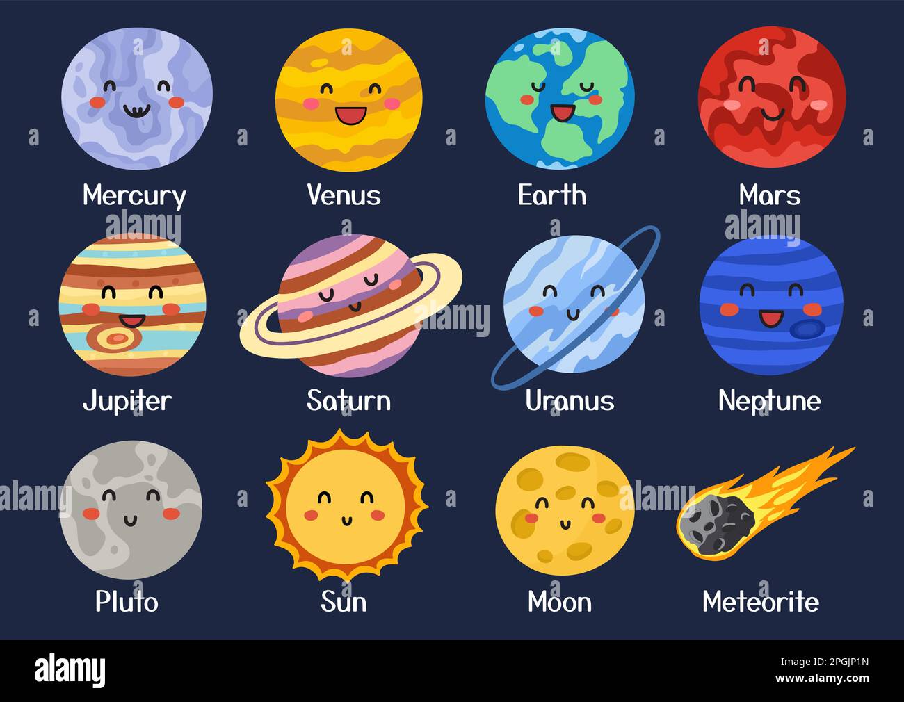 Pianeta carino in stile cartone animato. Poster Solar System per bambini Illustrazione Vettoriale