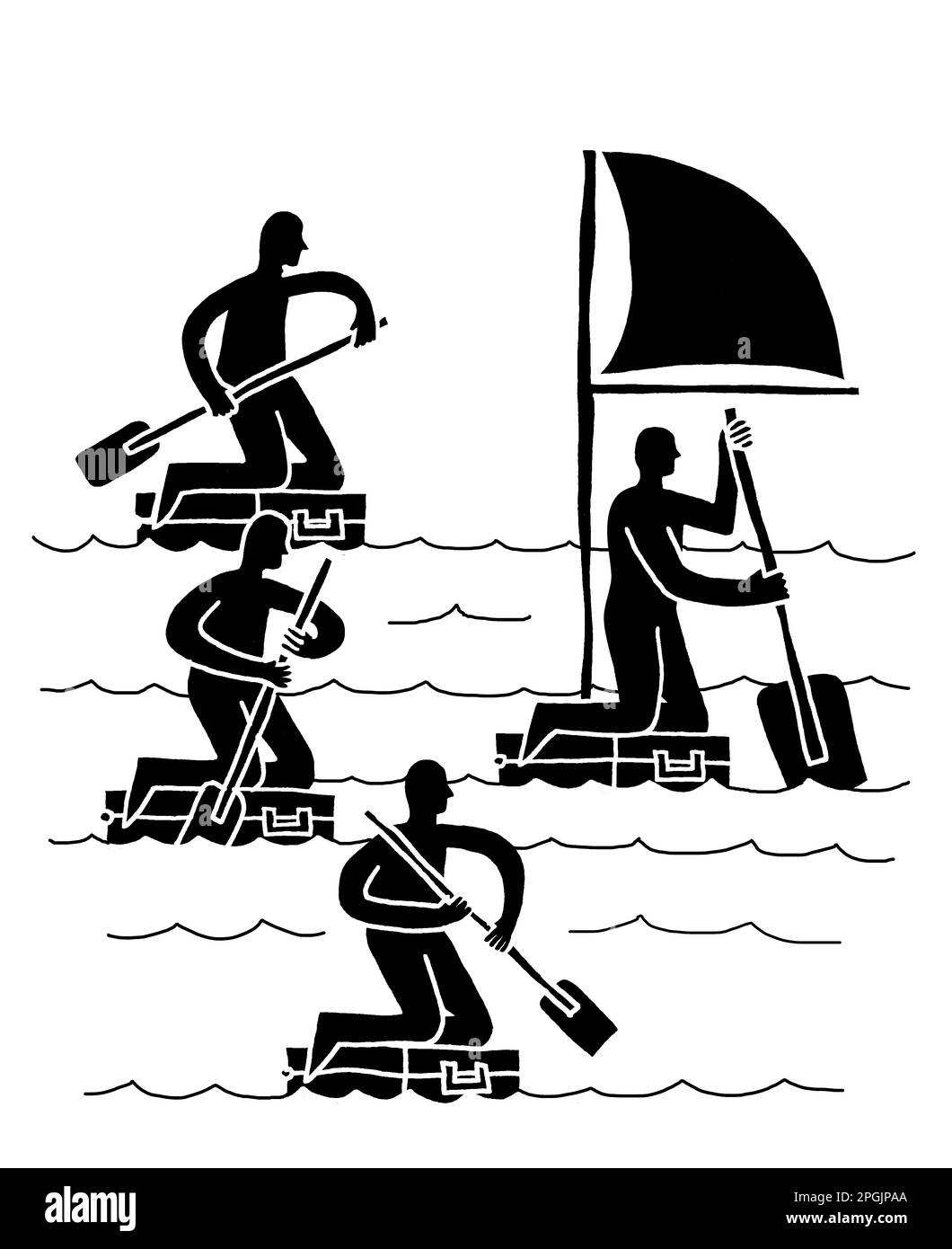 Illustrazione in bianco e nero di quattro uomini che usano le valigette come barche a remi, con quella sul davanti con una vela Foto Stock