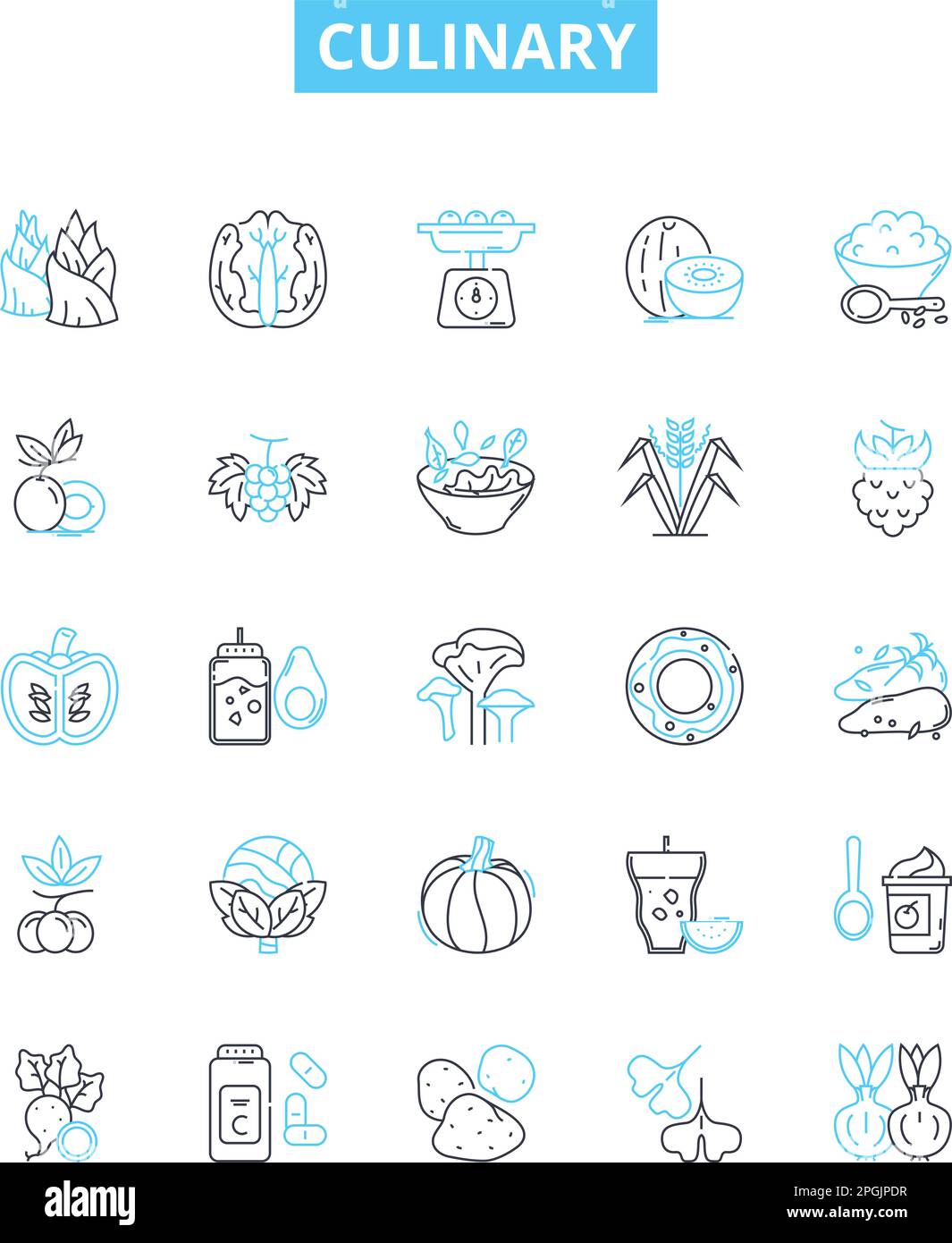 Set di icone di linee vettoriali culinarie. Cucina, cottura, Chef, cucina, Ricetta, Gourmet, illustrazione Spices delineano simboli e segni concettuali Illustrazione Vettoriale