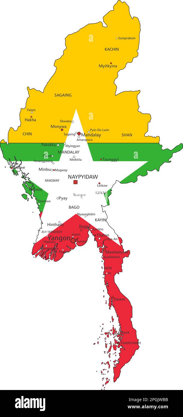 Myanmar Mappa politica molto dettagliata con bandiera nazionale isolata su sfondo bianco. Illustrazione Vettoriale