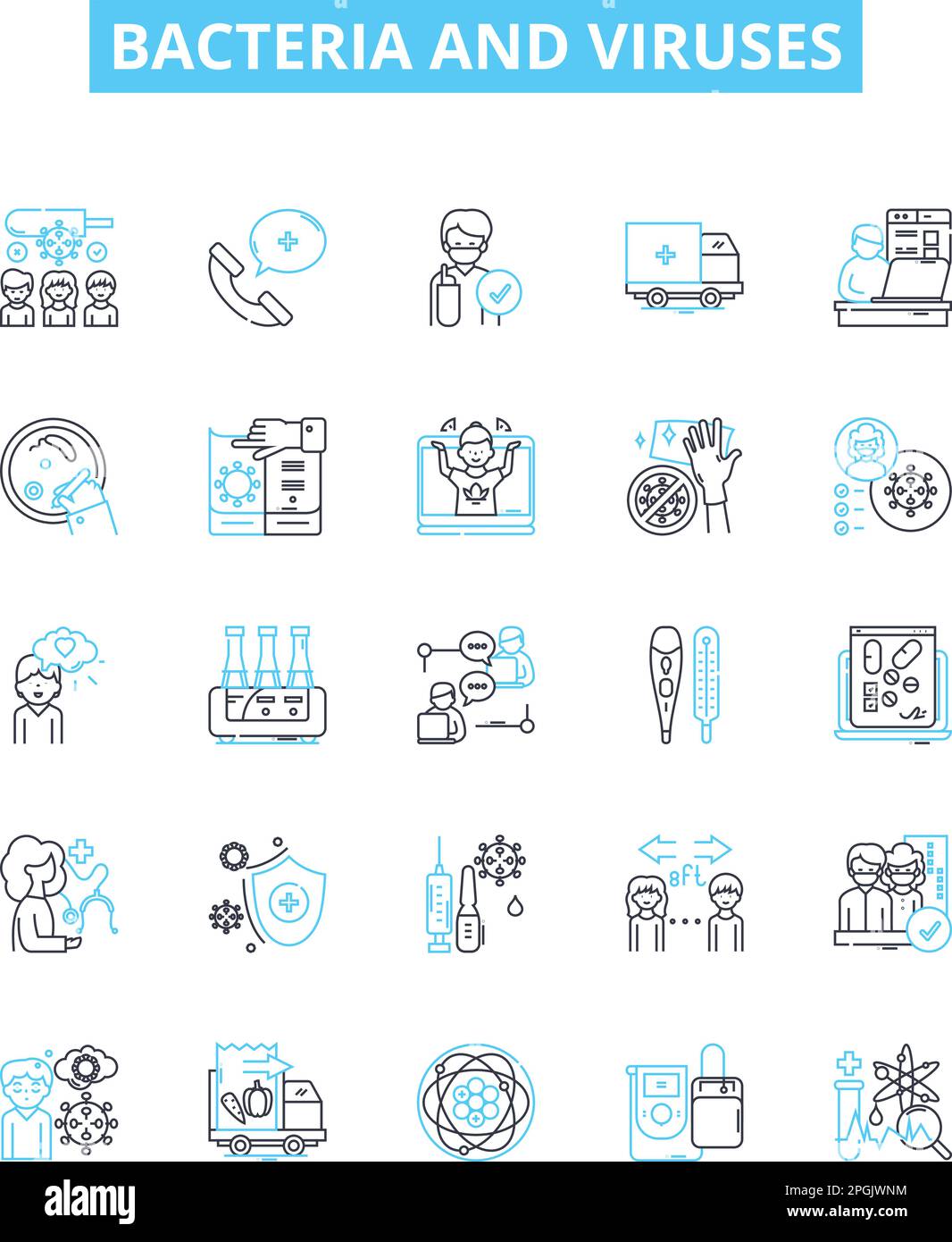 Set di icone di linee vettoriali per batteri e virus. Batteri, virus, microbi, patogeni, antibiotico, Concetto di illustrazione antimicrobica, antivirale Illustrazione Vettoriale